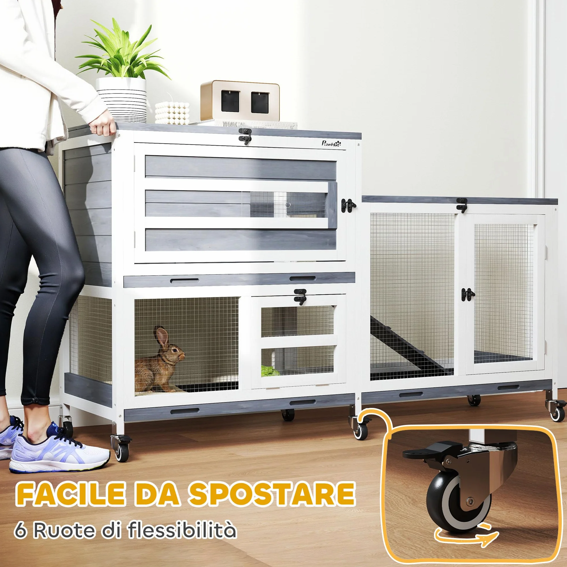 PawHut Conigliera da Interno a 2 Livelli, Gabbia per 2-3 Conigli con 6 Ruote, Rampa, Tetto Apribile, Area Aperta e 3 Vassoi, Cassetta per Conigli in Legno di Abete, 147x45x89.5 cm, Grigio