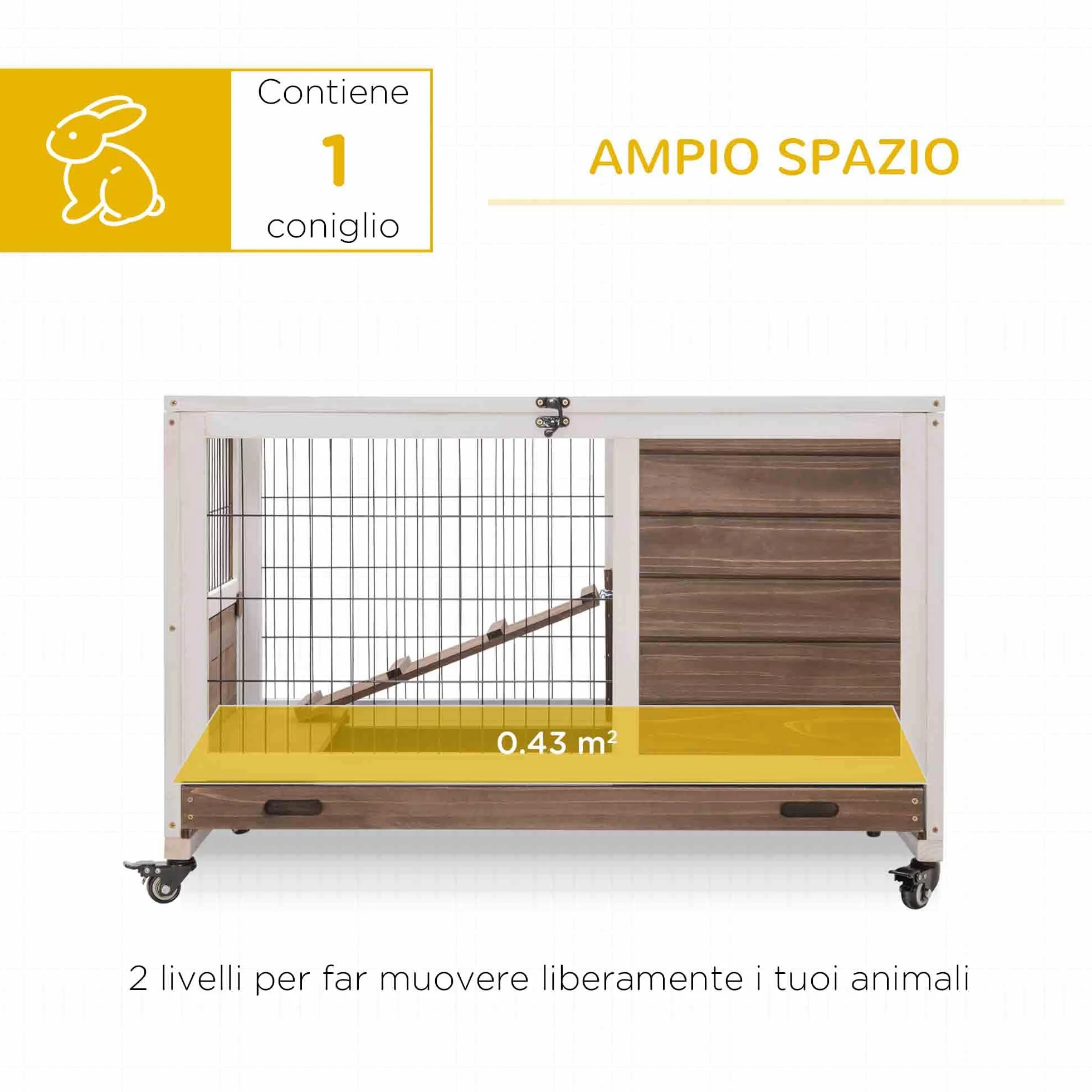 PawHut Gabbietta per Conigli e Porcellini d'India Conigliera con 4 Ruote, Casetta, Rampa e Vassoio Rimovibile, Legno Naturale, Marrone, 90x53x59cm