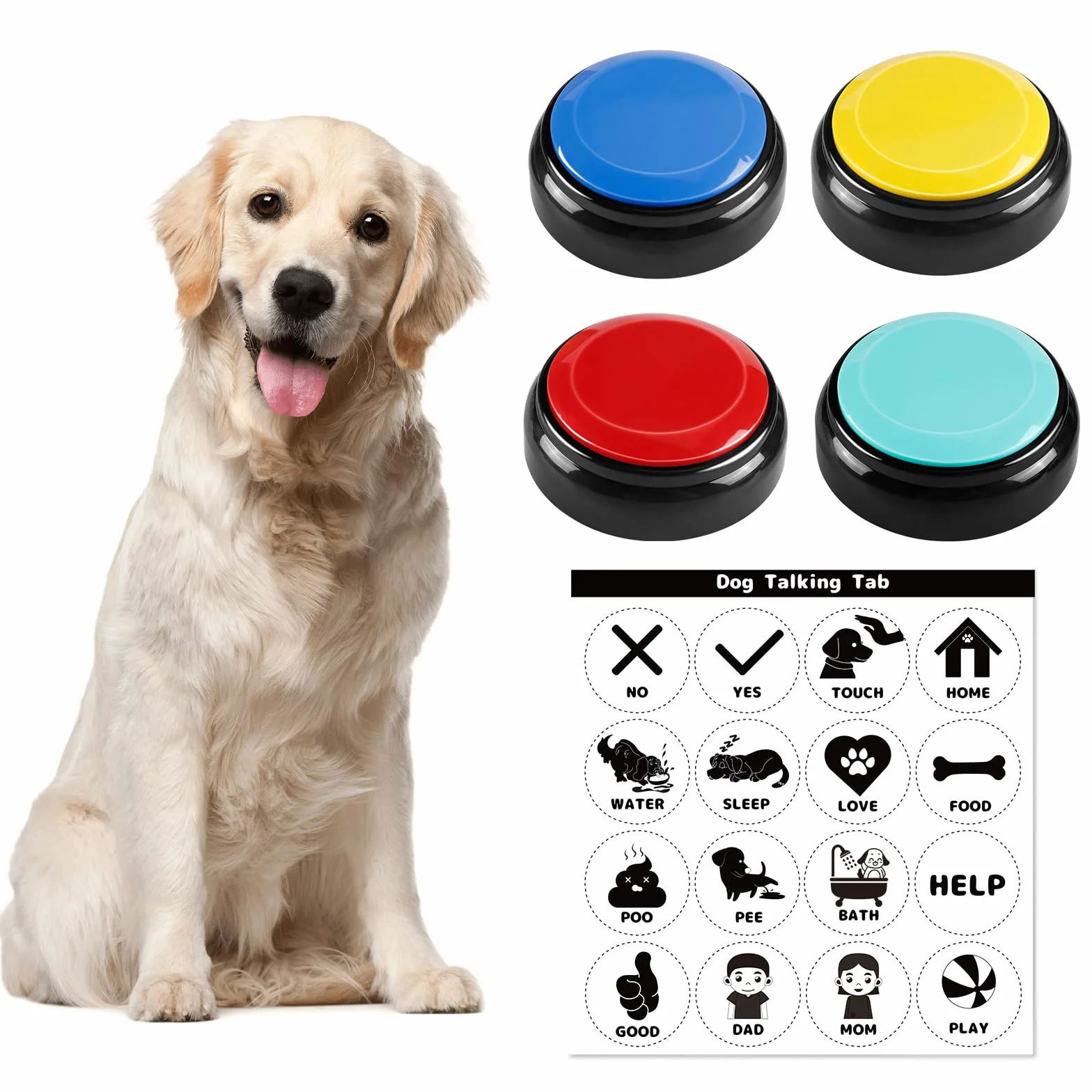 BEAN LIEVE Confezione da 4 Pulsanti registrabili per Cani per la Comunicazione e l'addestramento, cicalino di Comando per Animali Domestici con 16 Adesivi gratuiti, Funzione di Registrazione