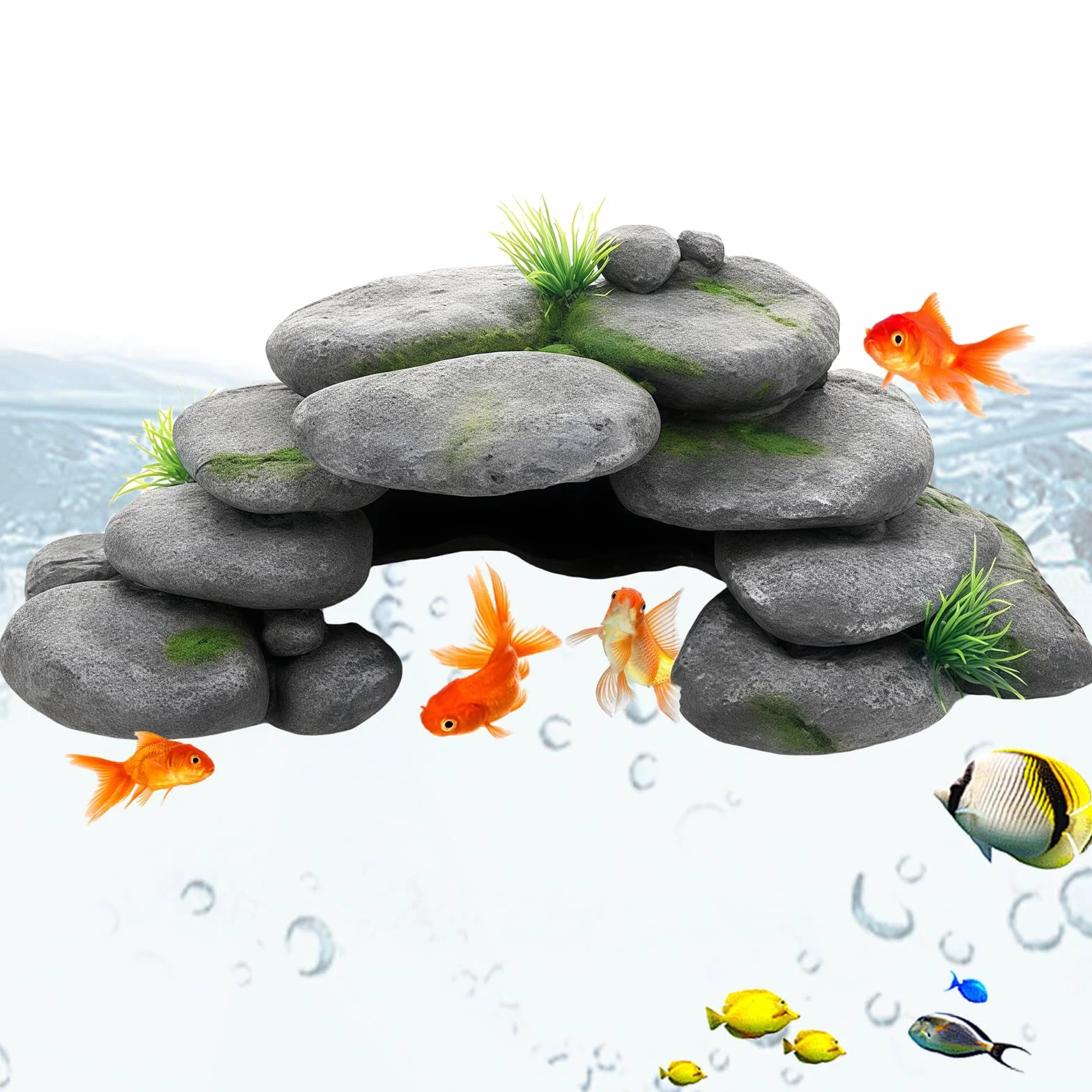 Decorazione per acquario, grotta con erba verde, decorazione per acquario, grande, decorazione per acquario, nascondiglio in resina, per tartarughe, Axolotl, gamberetti, pesci