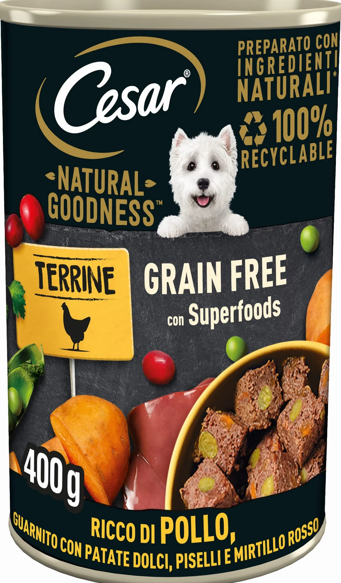 Cesar Natural Goodness Cibo Umido per Cani Pollo e Verdure, 6 Lattine 400 g, 2.4 kg