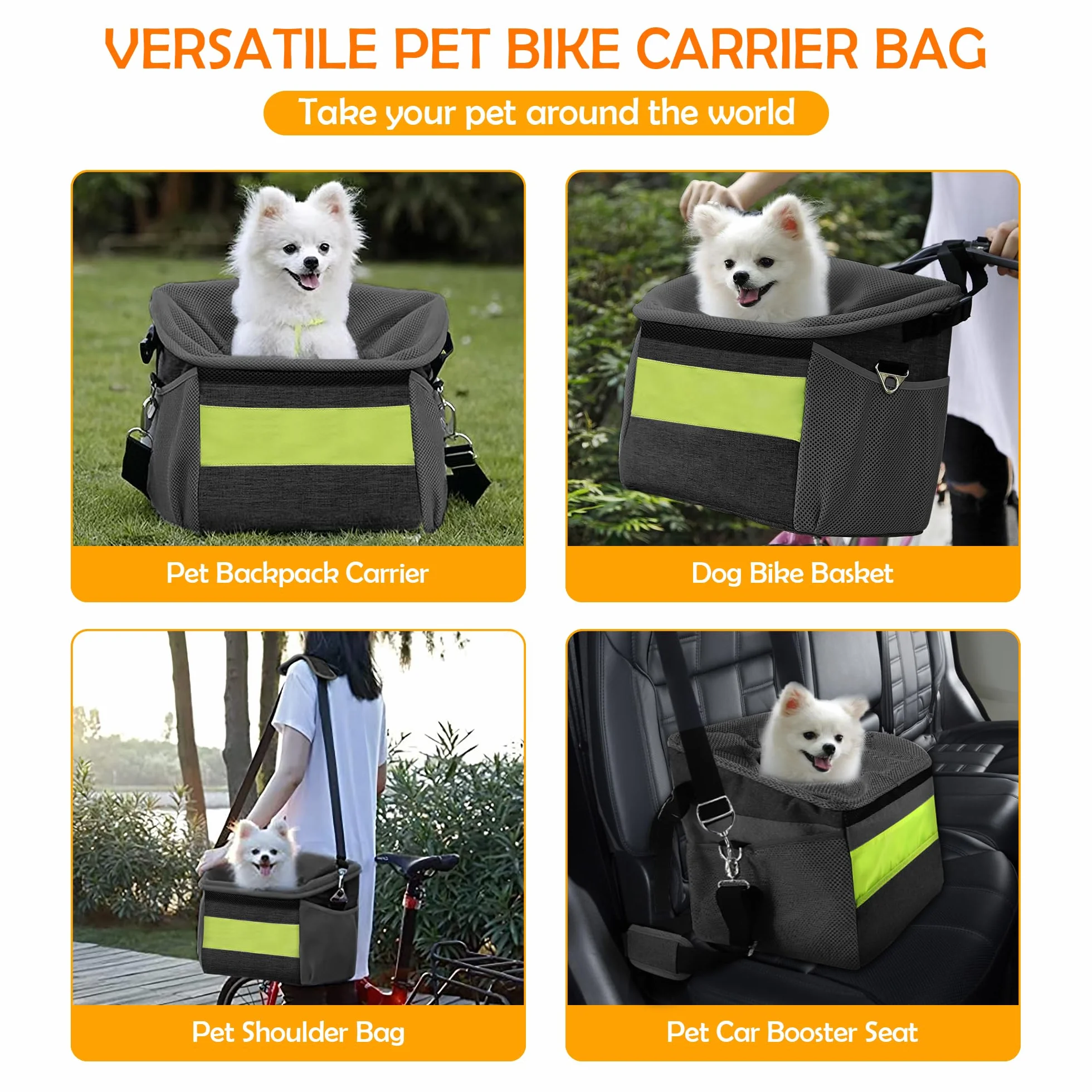 ALLSOPETS Cestino per Bicicletta Animale Domestico, Cestino Anteriore Bici Staccabile per Cane, Staccabile Borsa da Bicicletta per Cani, Pieghevole Cestino per Bici con Tasche Portaoggetti Nero