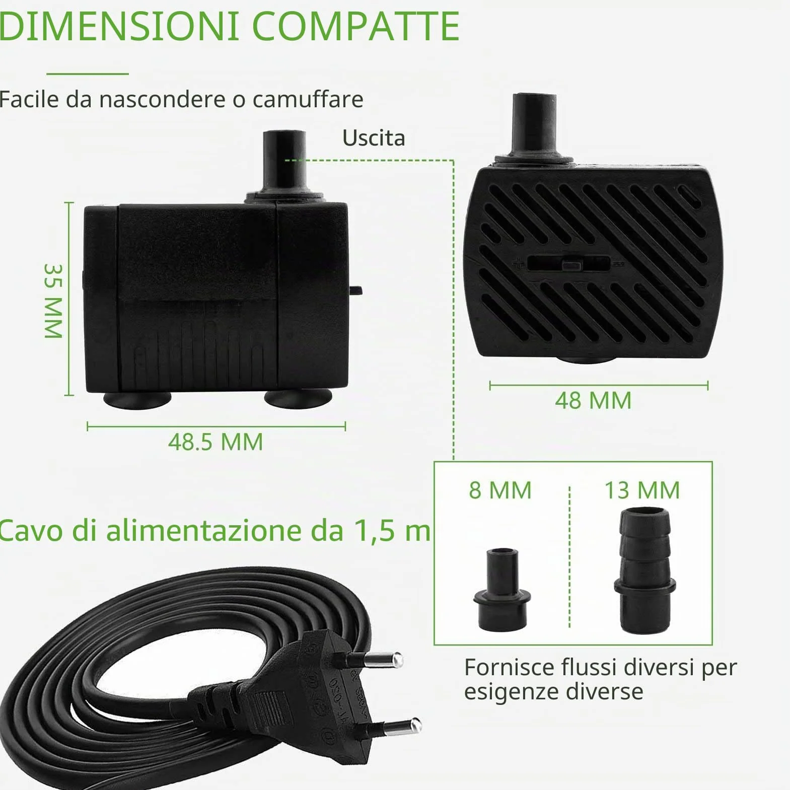 Mini pompa dell'acqua (350 l/h, 5 W), con sollevamento elevato, cavo di alimentazione da 1,5 m, 2 ugelli per acquari, laghetti, fontane, statue