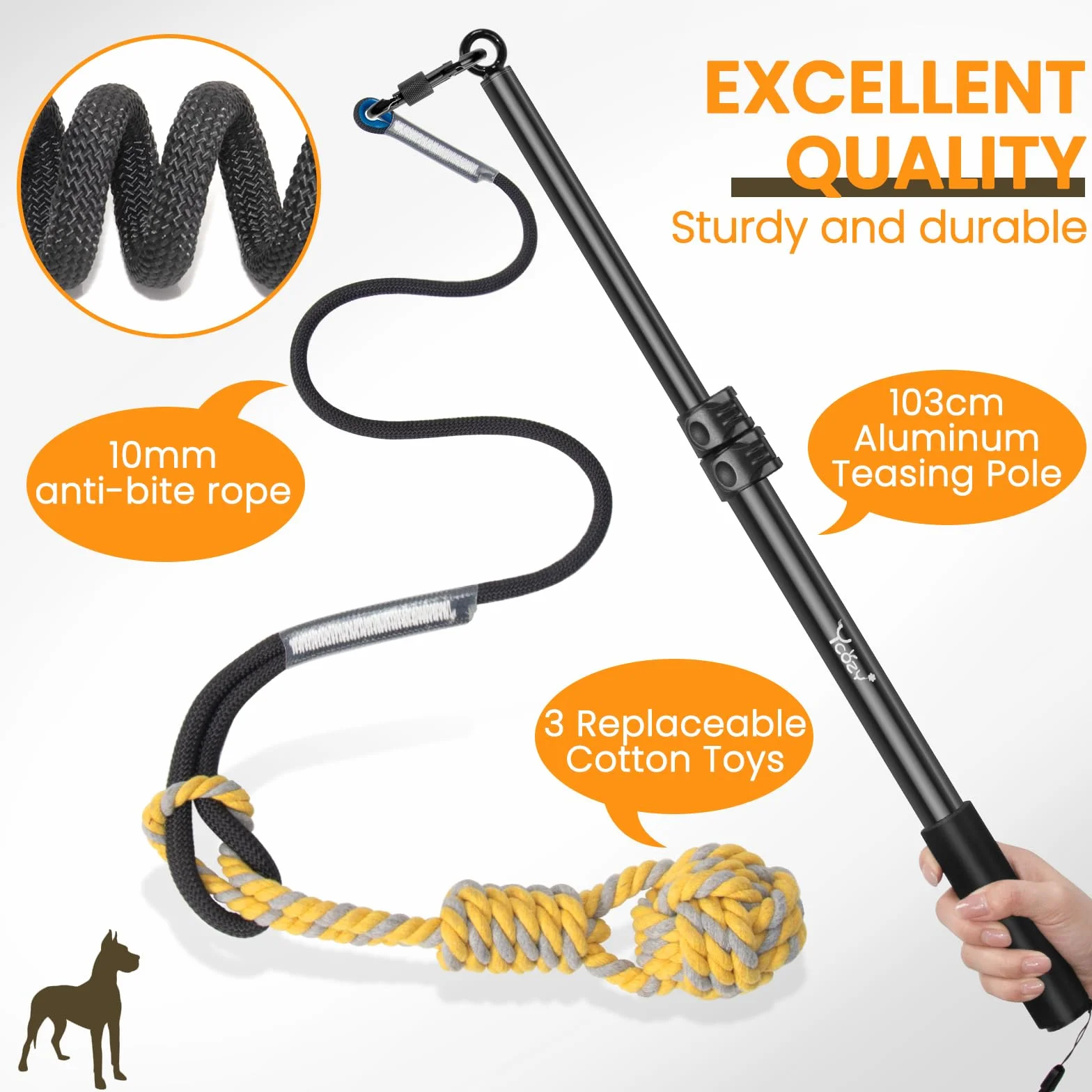 Ycozy Flirt Pole Cane 103cm, Cane Teaser Palo, Bacchetta Da Teaser Allungabile, Corda Giocattolo Interattivo All'Aperto per Cani Piccola/Media/Grandi Allenamento Esercizio Di Gioco