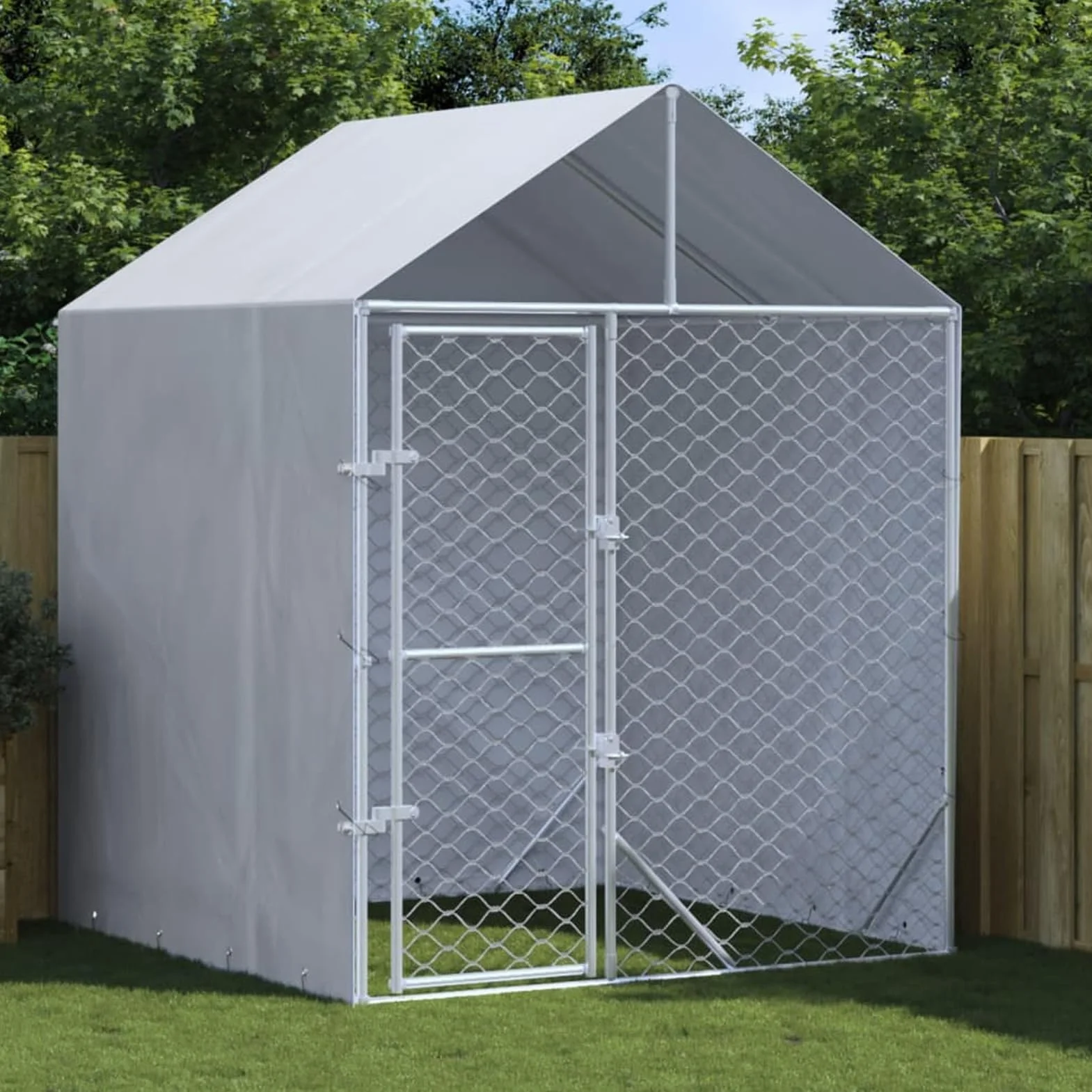 Gabbia per Cani con Tetto Kennel per Cani da Esterno Recinto per Cani da Esterno a Maglie in Acciaio Zincato con Porta con Serratura Argento-2 x 2 x 2.5 m