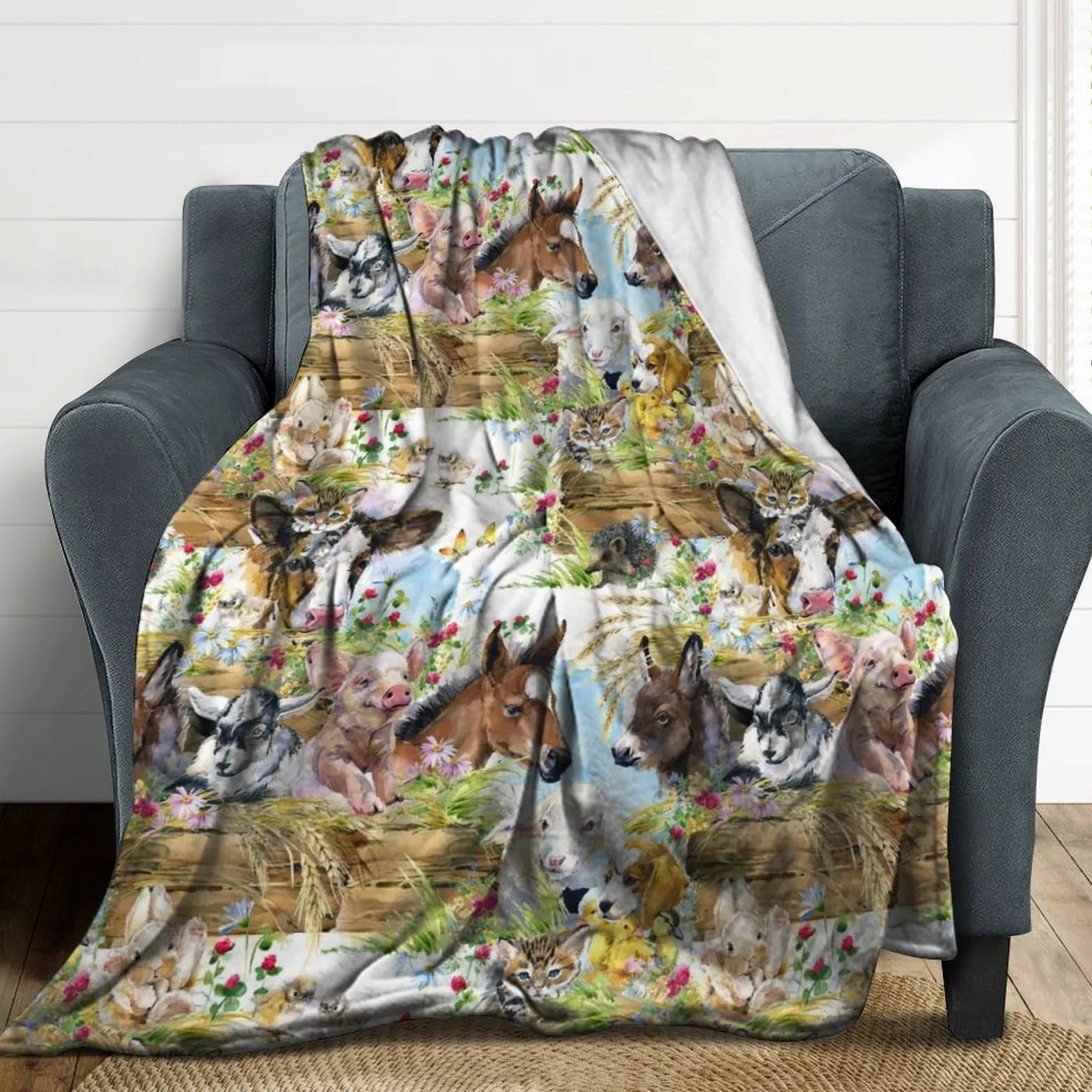 Simpatici animali domestici pollo cane anatra asino gattino gatto maiale floreale morbida flanella coperta da viaggio, soggiorno casa divano decorazione coperta, dormitorio ufficio pisolino coperta