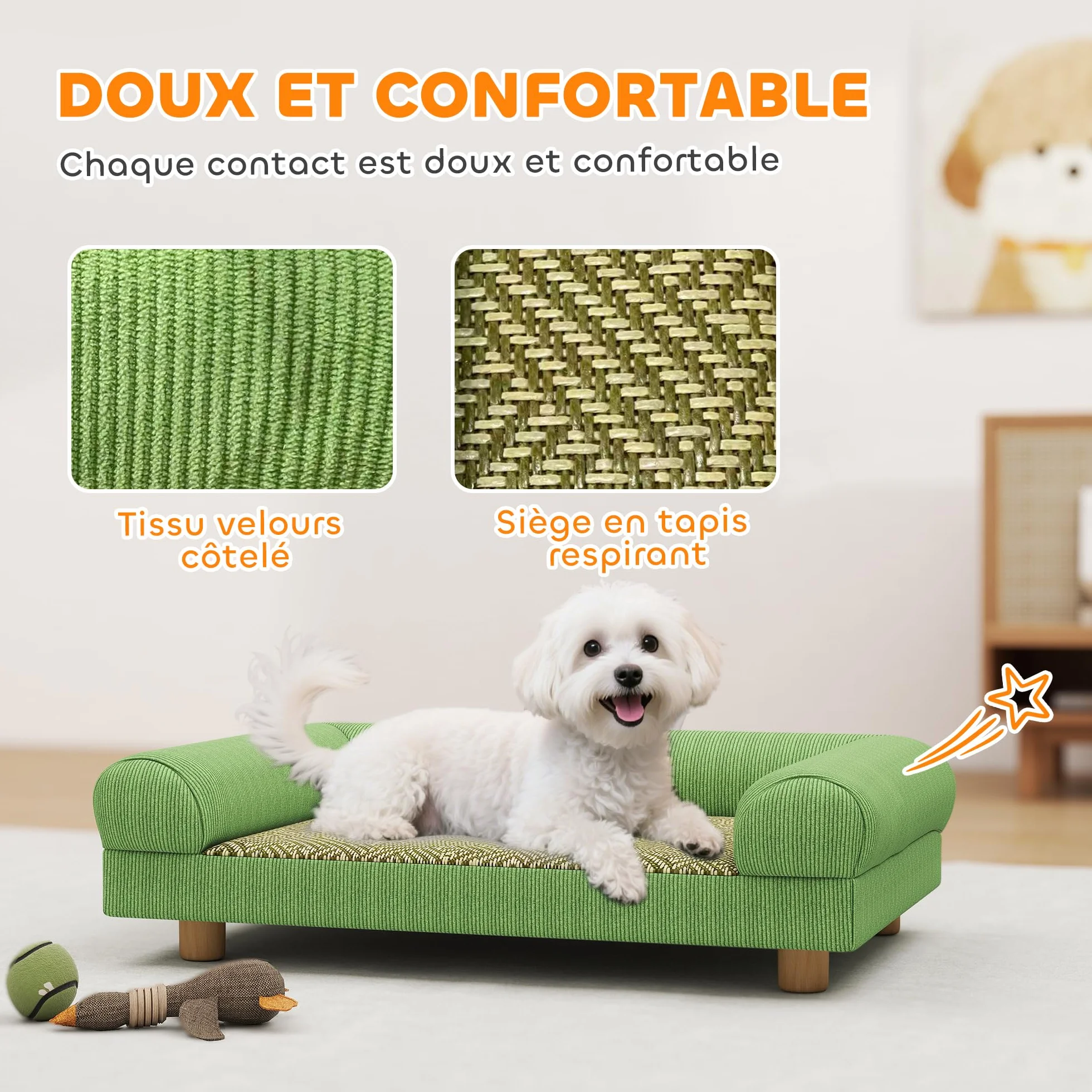 PawHut Divano per cani gatto Letto rialzato per cani con seduta in moquette fresca, braccioli e piedi, in morbido velluto, per animali domestici fino a 5 kg, 63 x 41 x 17 cm, verde