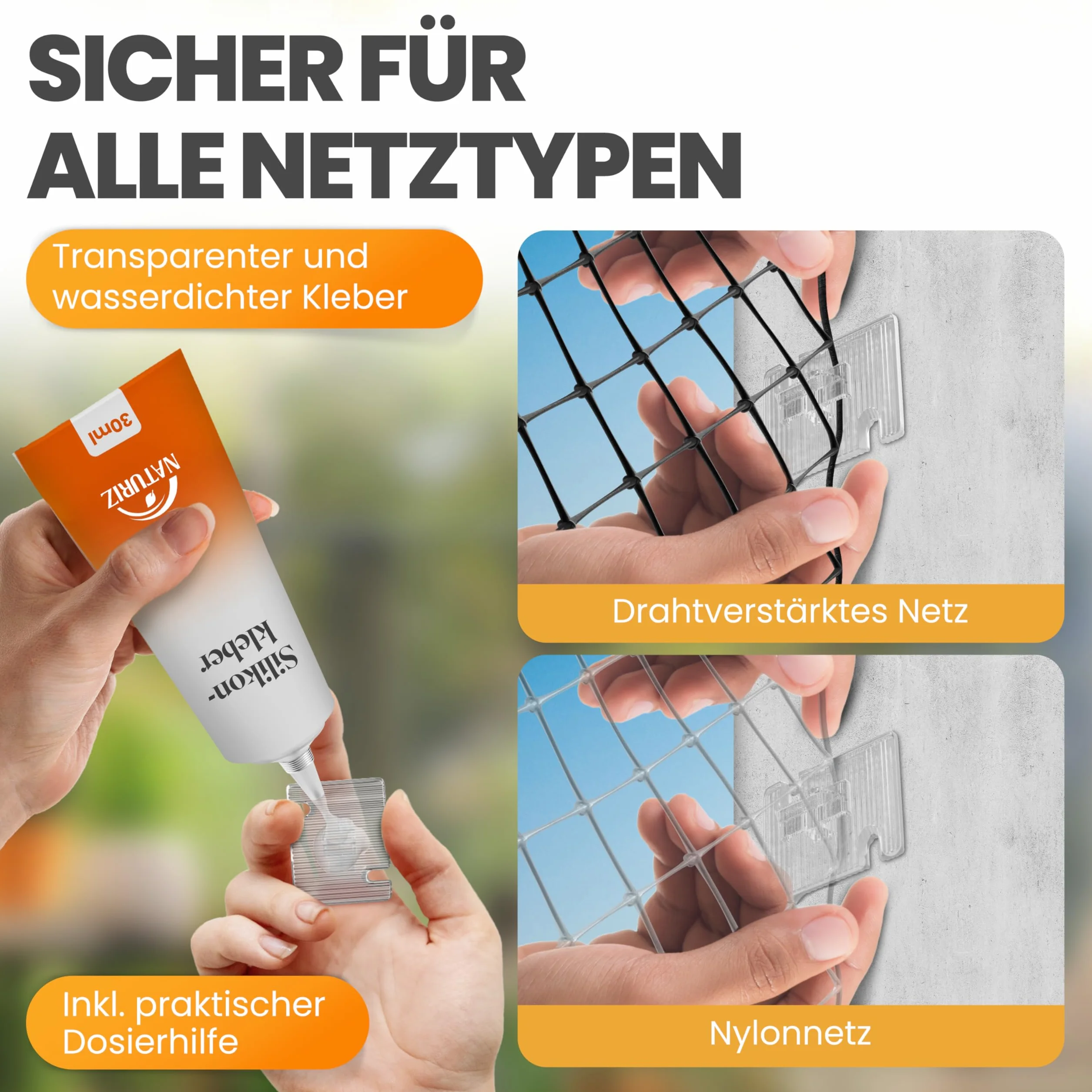Naturiz® Ganci Adesivi da Esterno Resistenti alle intemperie - Set da 25/50/70 - per Fissare reti per Gatti Senza forare - con Colla siliconica (70 Ganci)