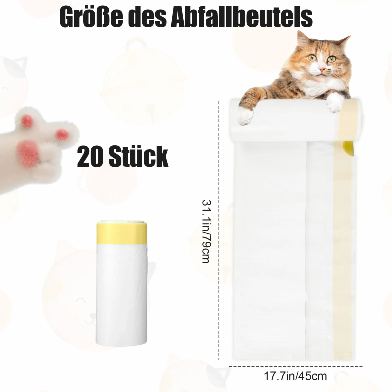20 sacchetti per lettiera per gatti, sacchetti per lettiera per gatti, con cordino, sacchetti igienici, per lettiera per gatti, XXL, resistenti agli strappi, durevoli (79 x 45 cm)