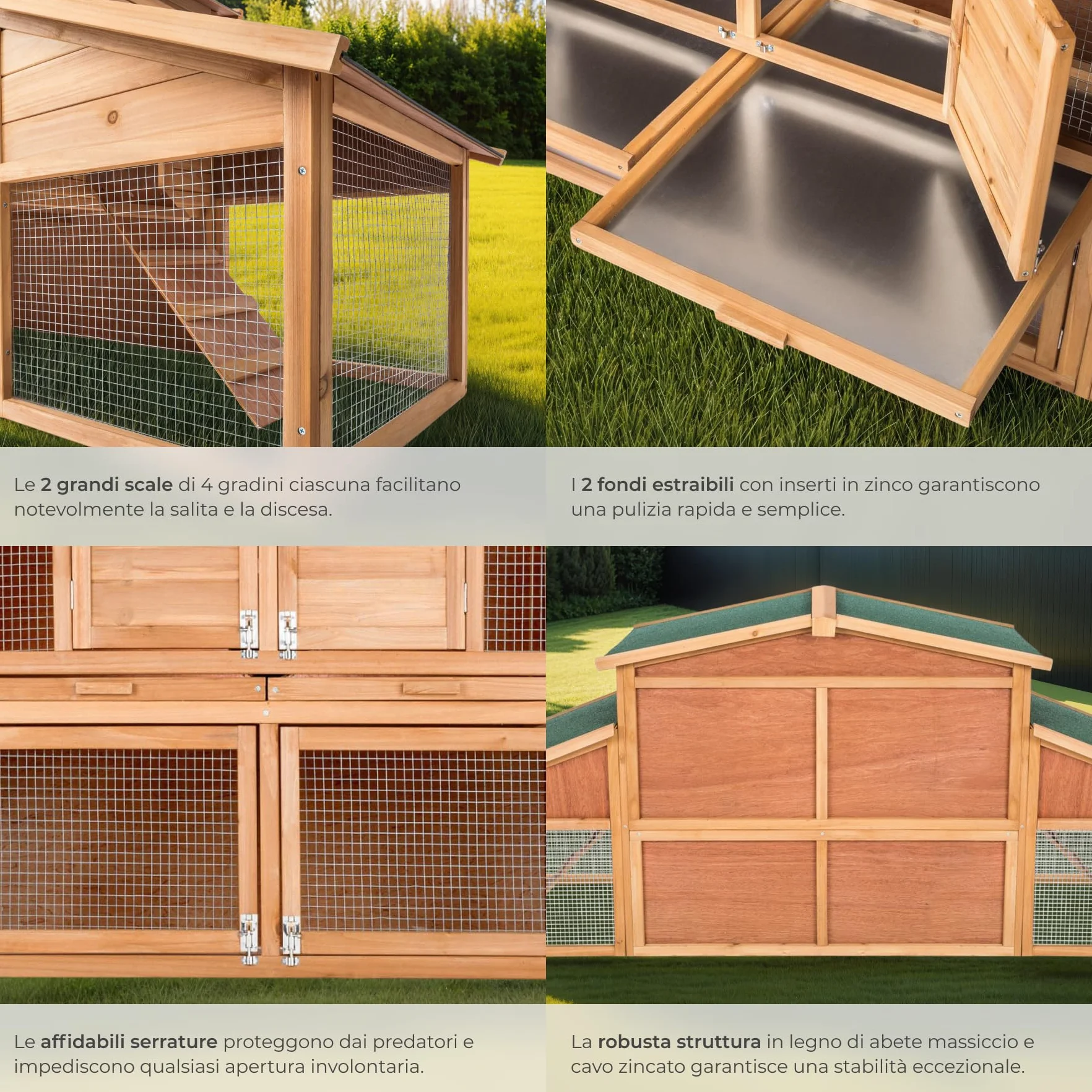 tectake® Conigliera da Esterno, 4 Porte, 2 Piani, 2 Rampe, con Zona Riposo, Tetto Idrorepellente, Recinto Per Conigli, XXL Gabbia Esterno, Casetta, Recinto Piccoli Animali, Legno, 226 x 77 x 95,5 cm
