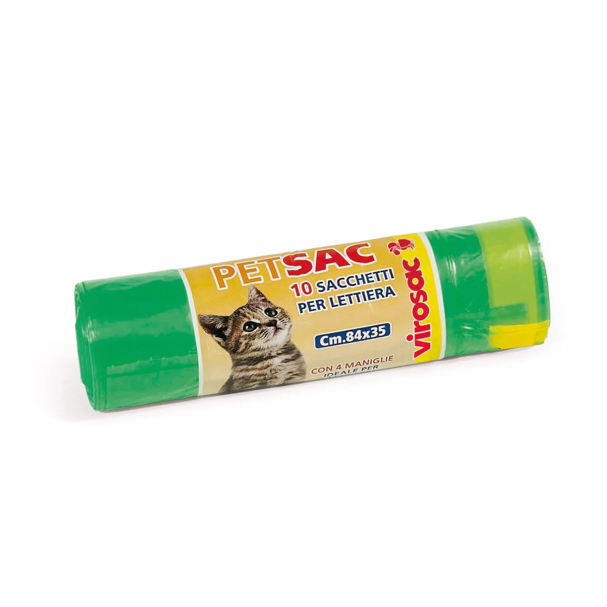 Virosac - Petsac - Sacchi 84x35 resistenti e antigoccia, ideali per lettiere dei gatti, dotati di 4 Pratiche Maniglie Estraibili, 10 sacchetti per rotolo, verde