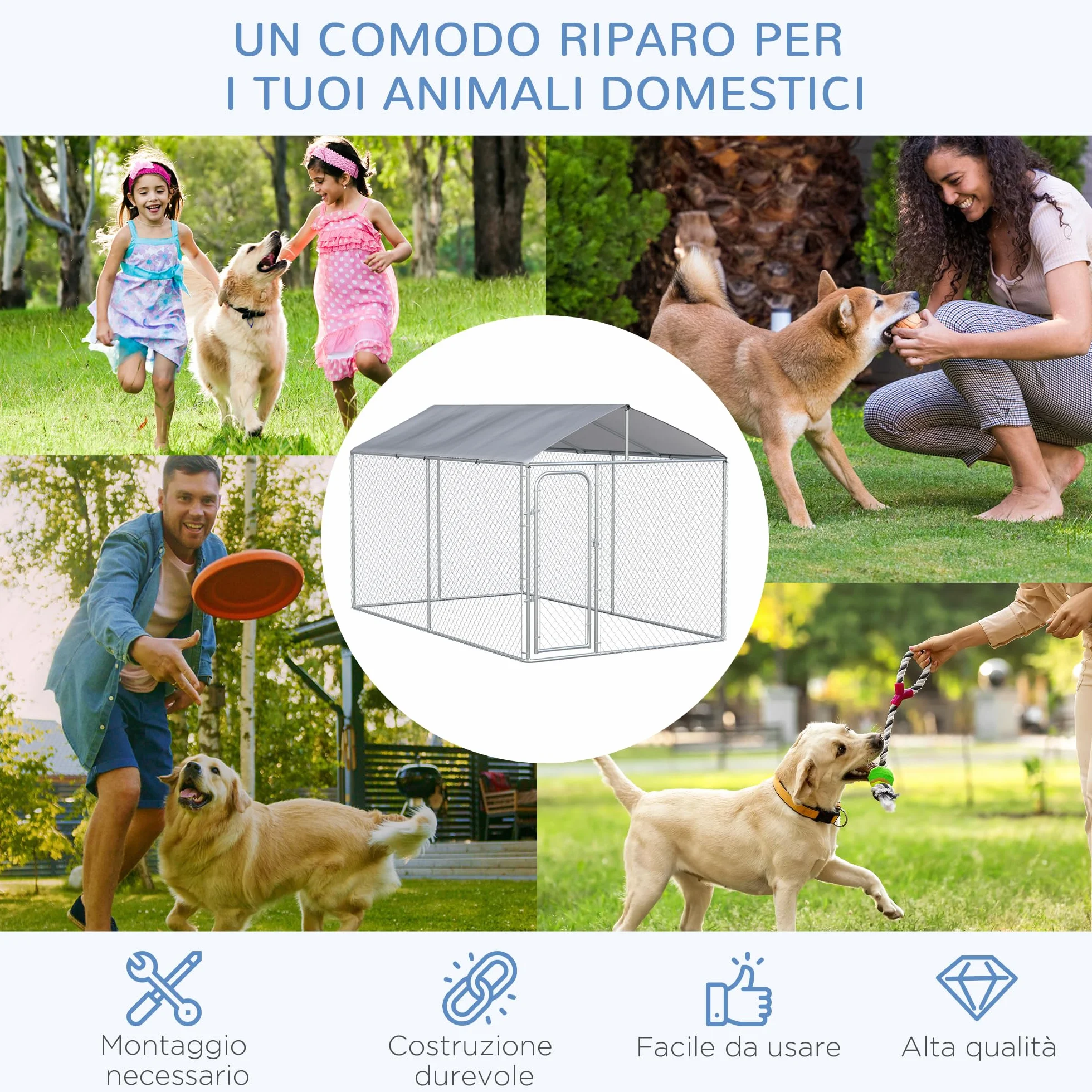 PawHut Kennel per Cani in Metallo Galvanizzato con Tettuccio in Tessuto Oxford, 400x230x232cm, Argento
