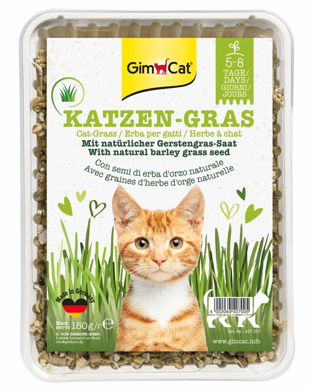 GimCat Erba per gatti con aroma di prato, Miscela da coltivazione controllata con coltivazione rapida 1 vaschetta, 1 x 150 g