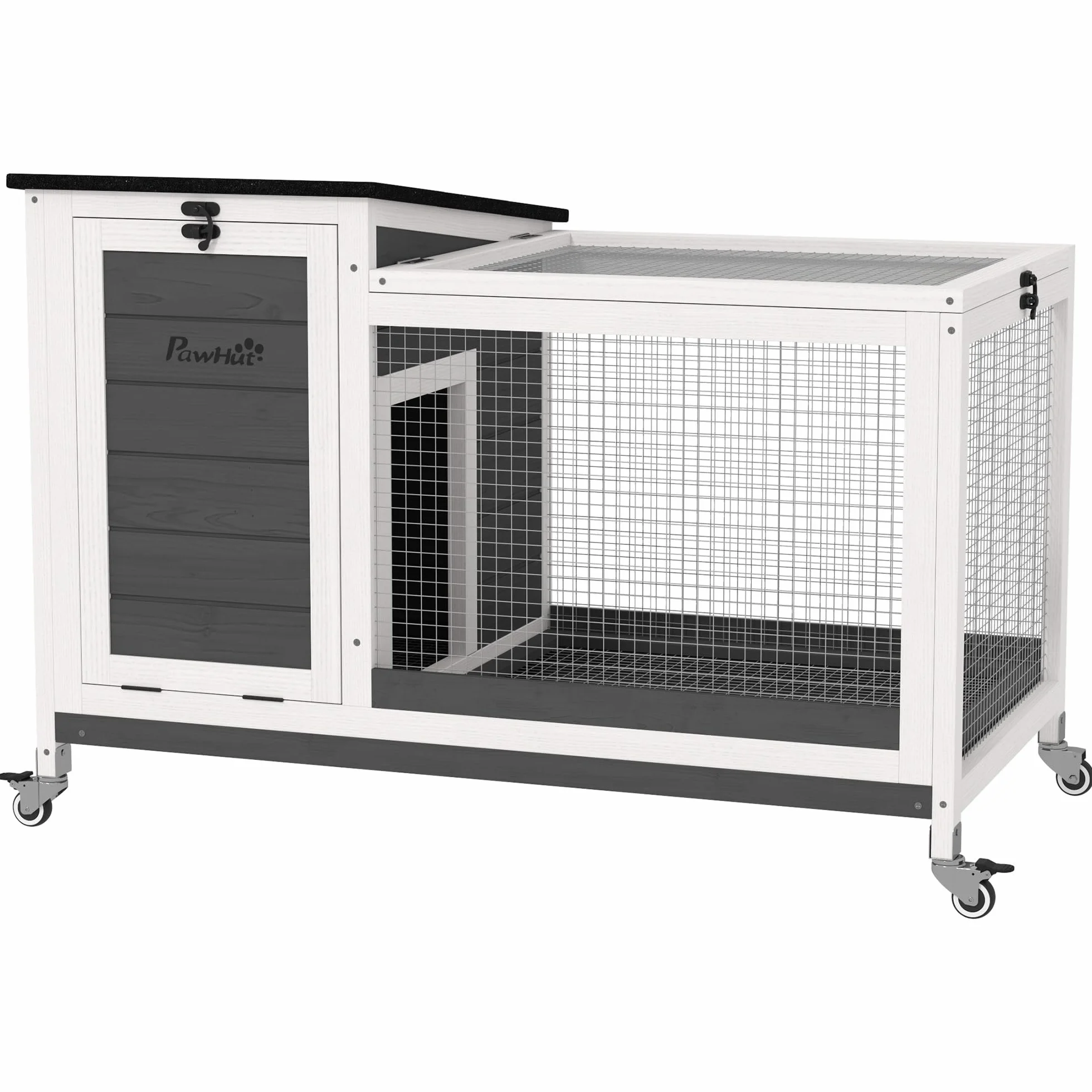 PawHut Conigliera da Esterno e Interno a Rotelle per 1-2 Conigli con Vassoio Estraibile e Ingressi Multipli, Casetta per Conigli in Legno di Abete e Acciaio, 91x51x66 cm, Grigio Bianco e Nero