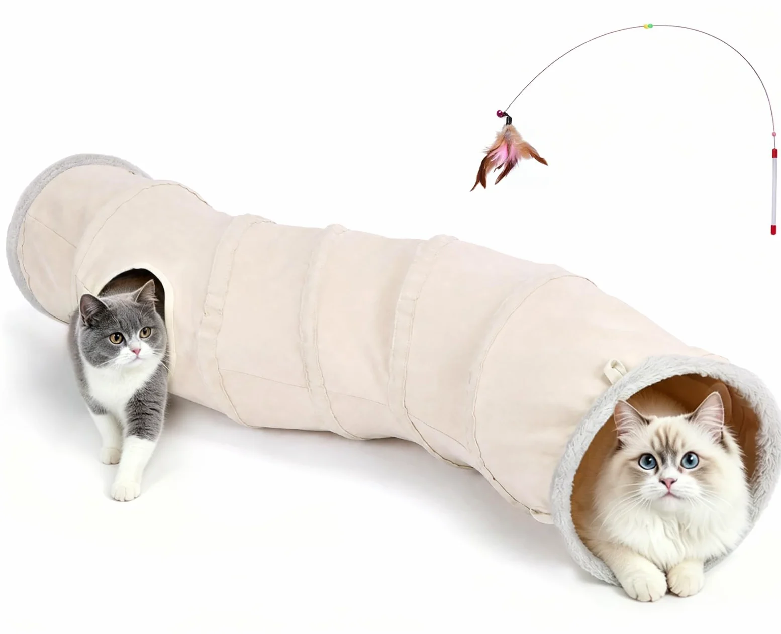 Ownpets Tunnel per gatti a forma di S con palline sospese, 30 x 125 cm, tubo pieghevole a 2 vie per gattini | Tessuto scamosciato, tunnel extra largo 30 cm, adatto a gatti di tutte le dimensioni, per interni ed esterni