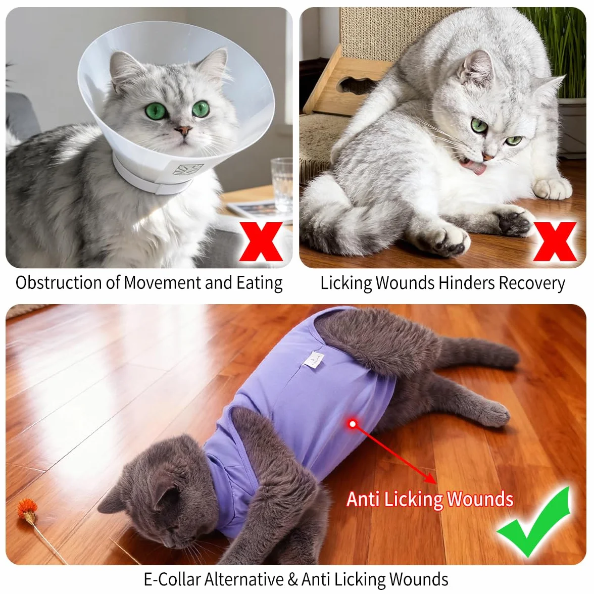 Body Gatto Post Operatorio Tuta Recupero Chirurgico Anti-Leccare Alternative al Collare Elisabettiano Vestito Post Sterilizzazione per Ferite Addominali (Viola, S)