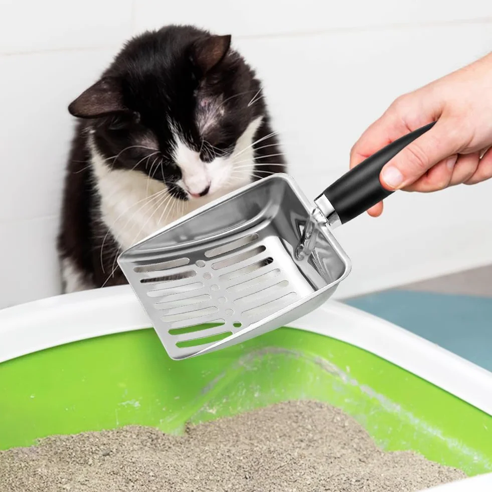 Paletta per lettiera per Gatti in Acciaio Inox, Misura Media, in Metallo, Robusta Paletta in Rete, Facile da Pulire, Adatta per lettiera per Gatti, Colore Nero