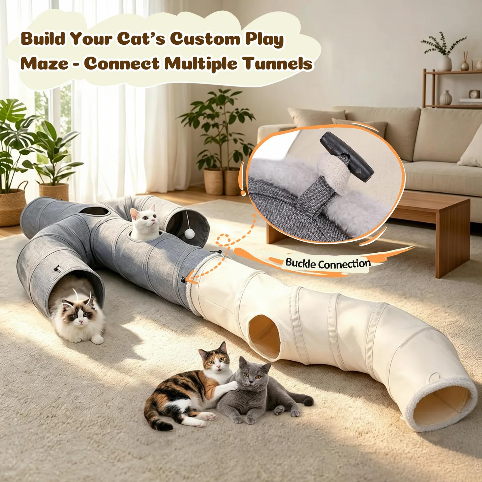 Ownpets Tunnel per gatti a forma di S con palline sospese, 30 x 125 cm, tubo pieghevole a 2 vie per gattini | Tessuto scamosciato, tunnel extra largo 30 cm, adatto a gatti di tutte le dimensioni, per interni ed esterni