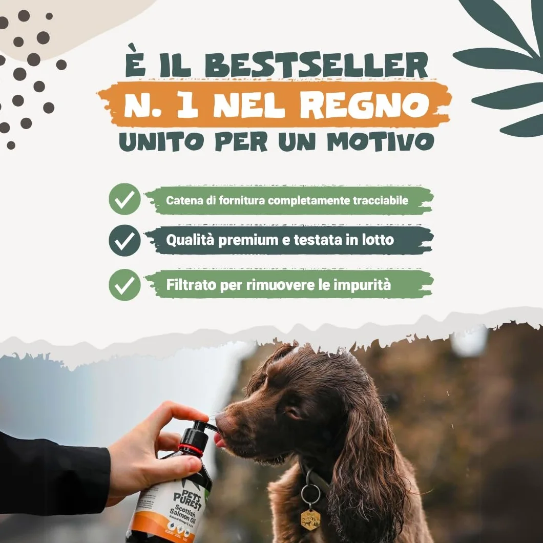 Pet Purest Olio di Salmone Scozzese per Cani, Gatti, Animali Domestici 500ml - Puro Olio di Pesce Integratore Alimentare Omega 3 6 9 per Pelo, Sistema Immunitario, Prurito, Articolazioni, Cervello