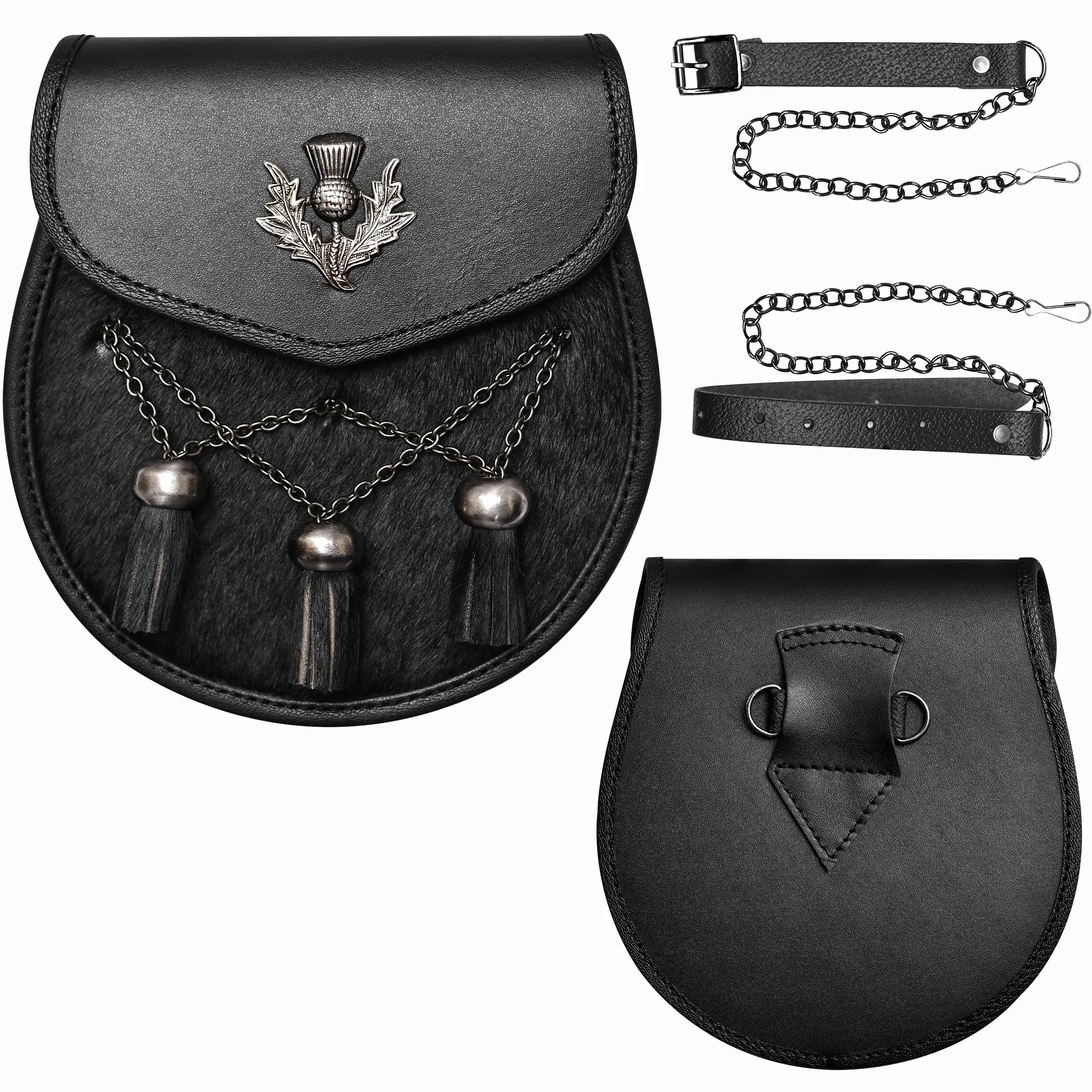 Scottish Kilt Semi Dress Sporran in vera pelle con nappe in pelle (badge cardo), Black, Prossoefinito