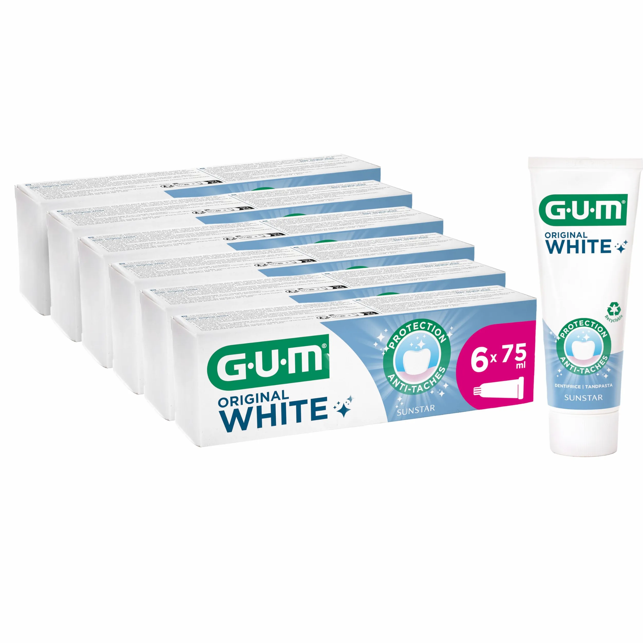 GUM Dentifricio bianco originale, ripristina il bianco originale dei denti, fluoruro e isomalto proteggono lo smalto (6 x 75 ml)