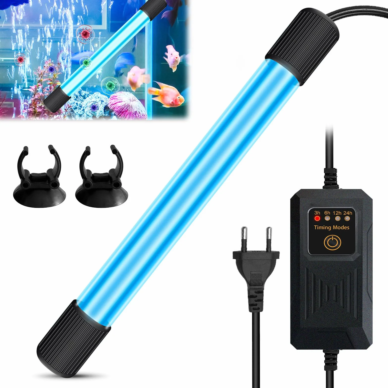 Luce UV per Acquario, Luce Sterilizzatrice UV con Timer, Lampada U V Acquario Sommergibile con Ventosa, Lampada Sterilizzazione Subacqueo per Pulizia di Acquari, Laghetti (03)