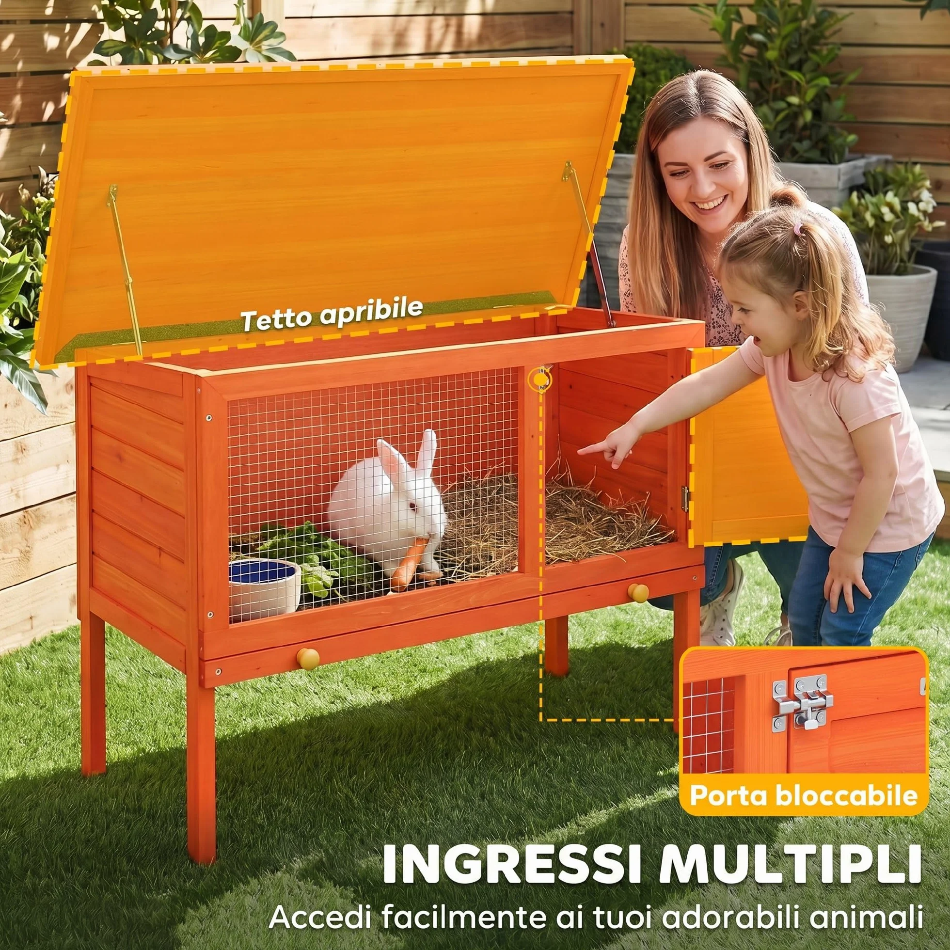 PawHut Conigliera da Esterno in Legno di Pino, Gabbia Casetta per Conigli con Vassoio Estraibile, Tetto Apribile in Bitume, Fondo Rialzato, Porcellini d'India, Cincillà, Arancione