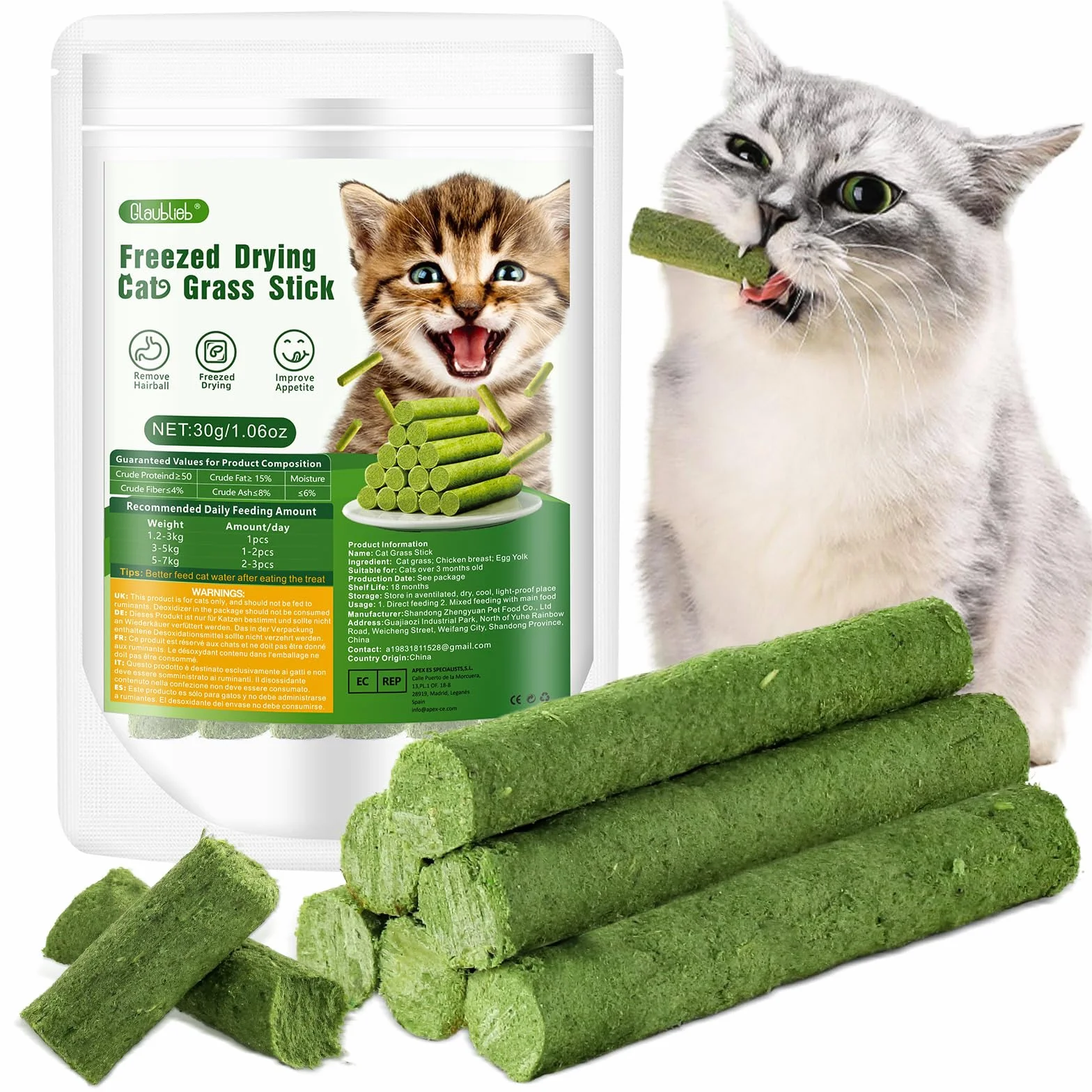 30g Bastoncini di Erba Gatta Liofilizzato, Snack per Gatti Erba Gatta per Gatti Pronta per Elimina Boli di Pelo e Pulizia dei Denti