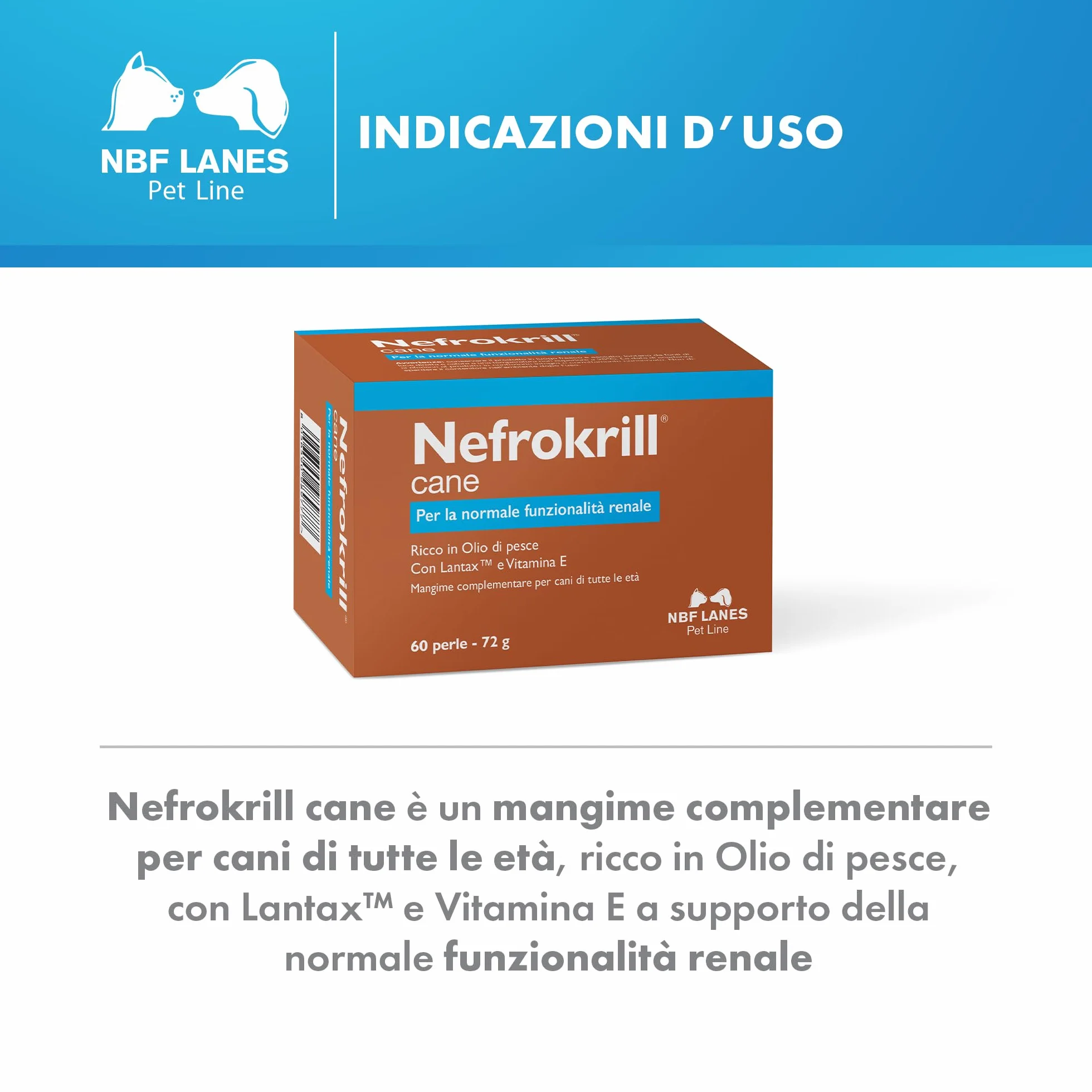 NBF Lanes | Nefrokrill Cane, 60 Perle Softgel, per la Normale Funzione Renale nei Cani di Tutte le Età