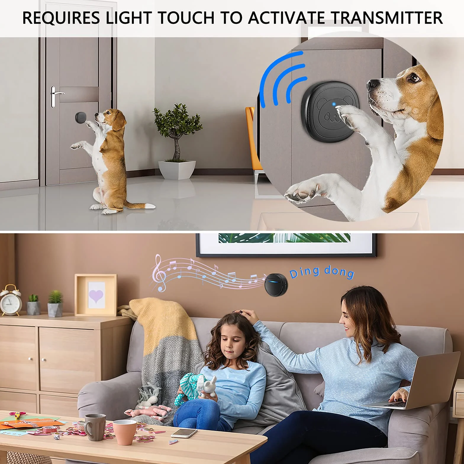 Campanello Wireless per Cani, Campanello ad Anello per Uscire, Pulsanti Impermeabili IP55, 55 Melodie, 4 Livelli di Volume e Portata di 289,6 m (Nero, 1 Ricevitore 1 trasmettitore)