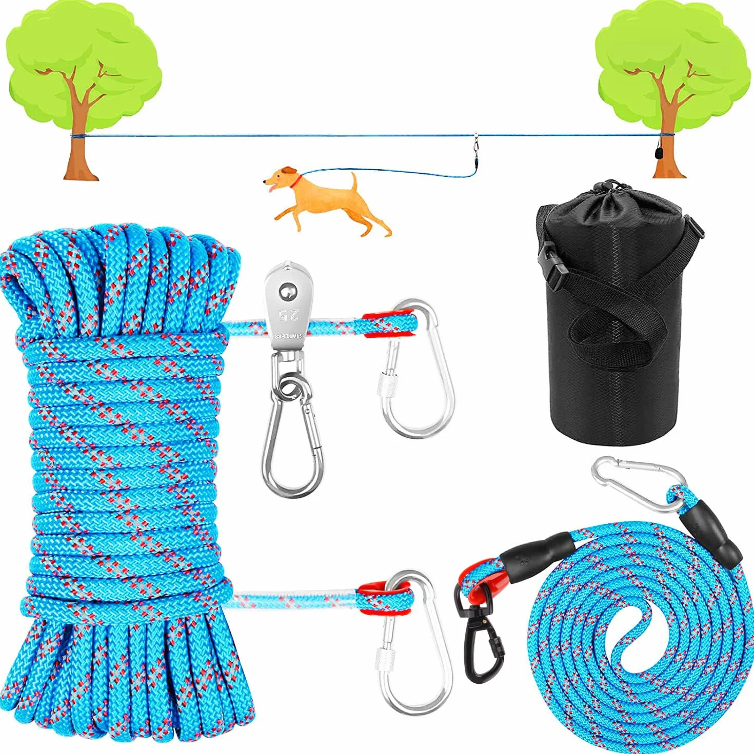 Cavo per cani da campeggio, 15,2 m, portatile, con guinzaglio da 3 m, per cani fino a 90,7 kg, linea di guinzaglio riflettente portatile per cantiere, parco e esterni (blu)