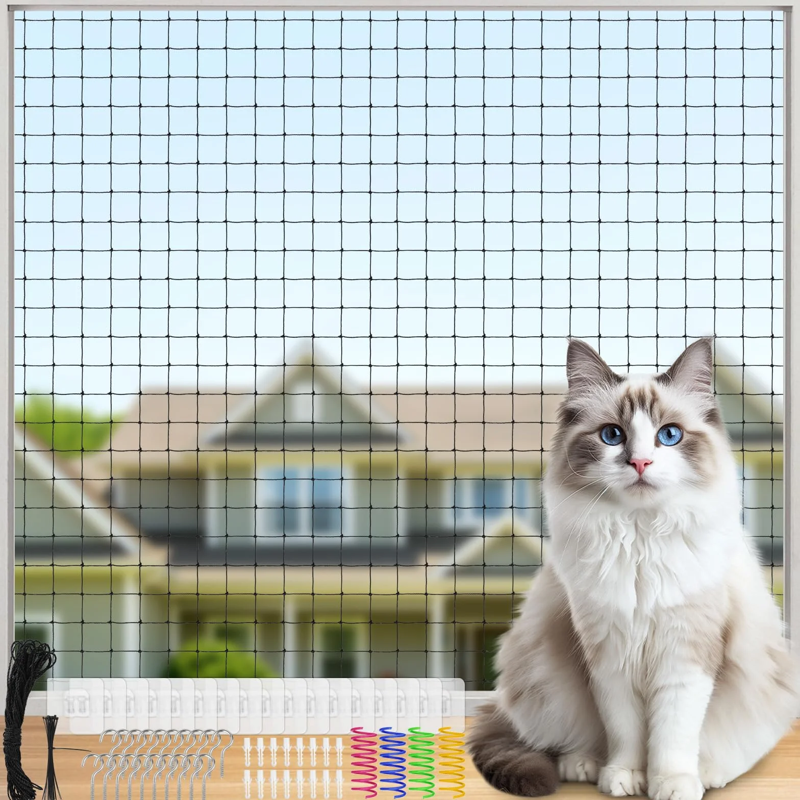 3x4m Rete Balcone per Gatti, Rete per Gatti Rinforzata con Filo Metallico, Rete per Gatti per Balconi, Finestre, con 4 Colorati Giocattoli Primaverili per Gatti