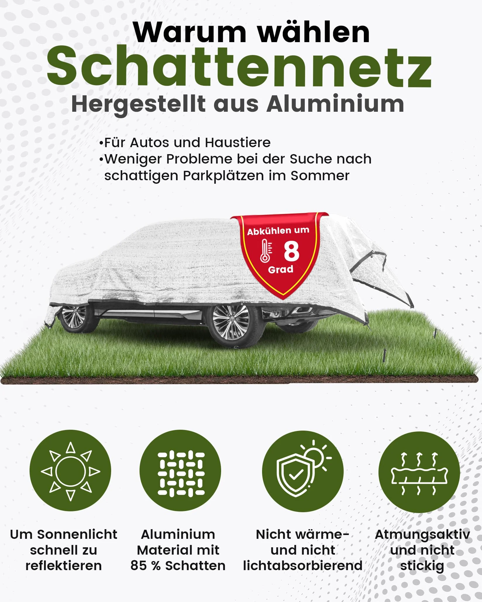 Rete ombreggiante auto per cani, 3 x 4 m, 85% alluminio, protezione solare e UV, adatta per esterni, con cordino elastico, corda di nylon da 5 m, chiodi