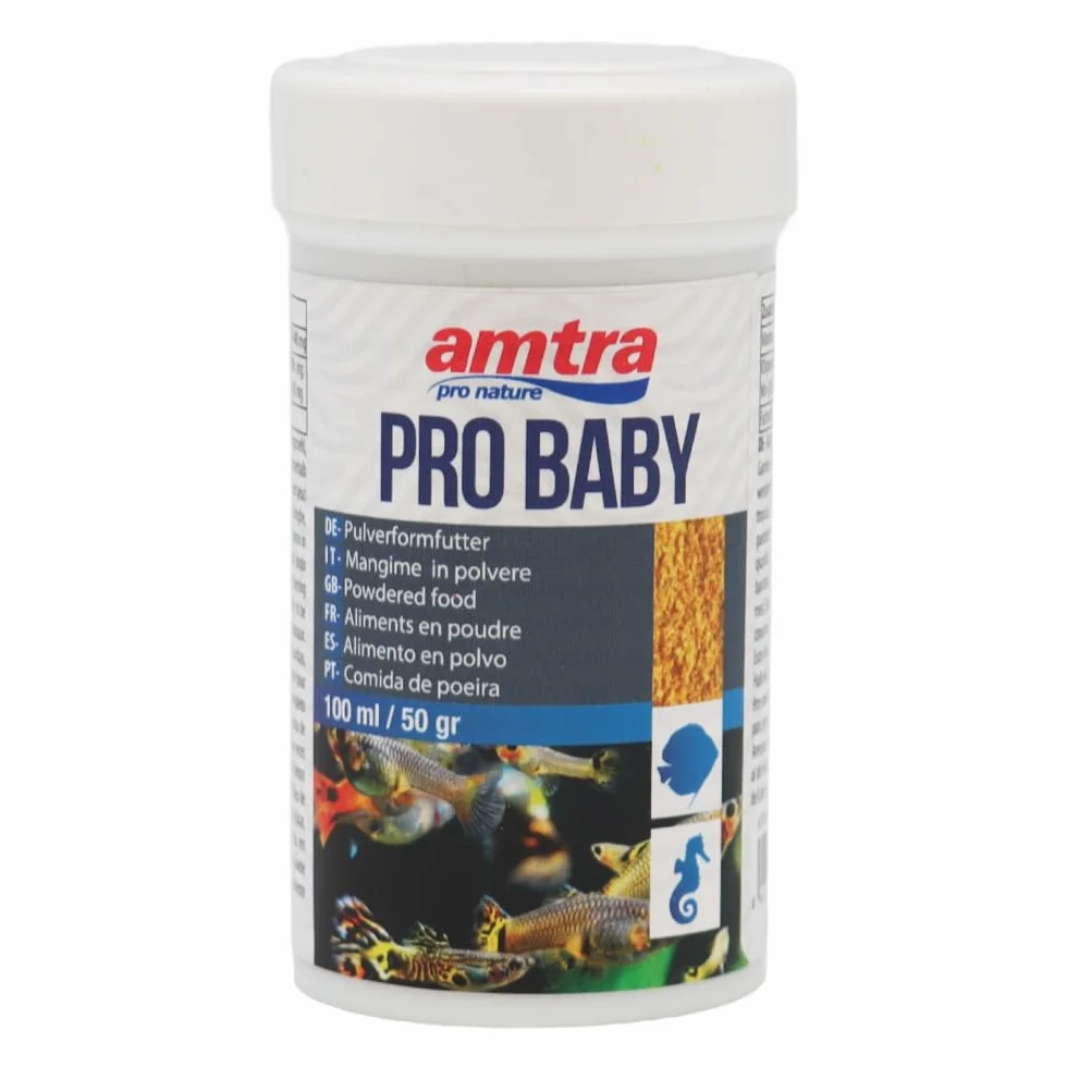 Amtra Pro Baby 100 ml - Mangime completo in polvere finissima per Avannotti e pesci piccoli di acqua dolce e salata, per accrescimento, con vitamine e oligoelementi