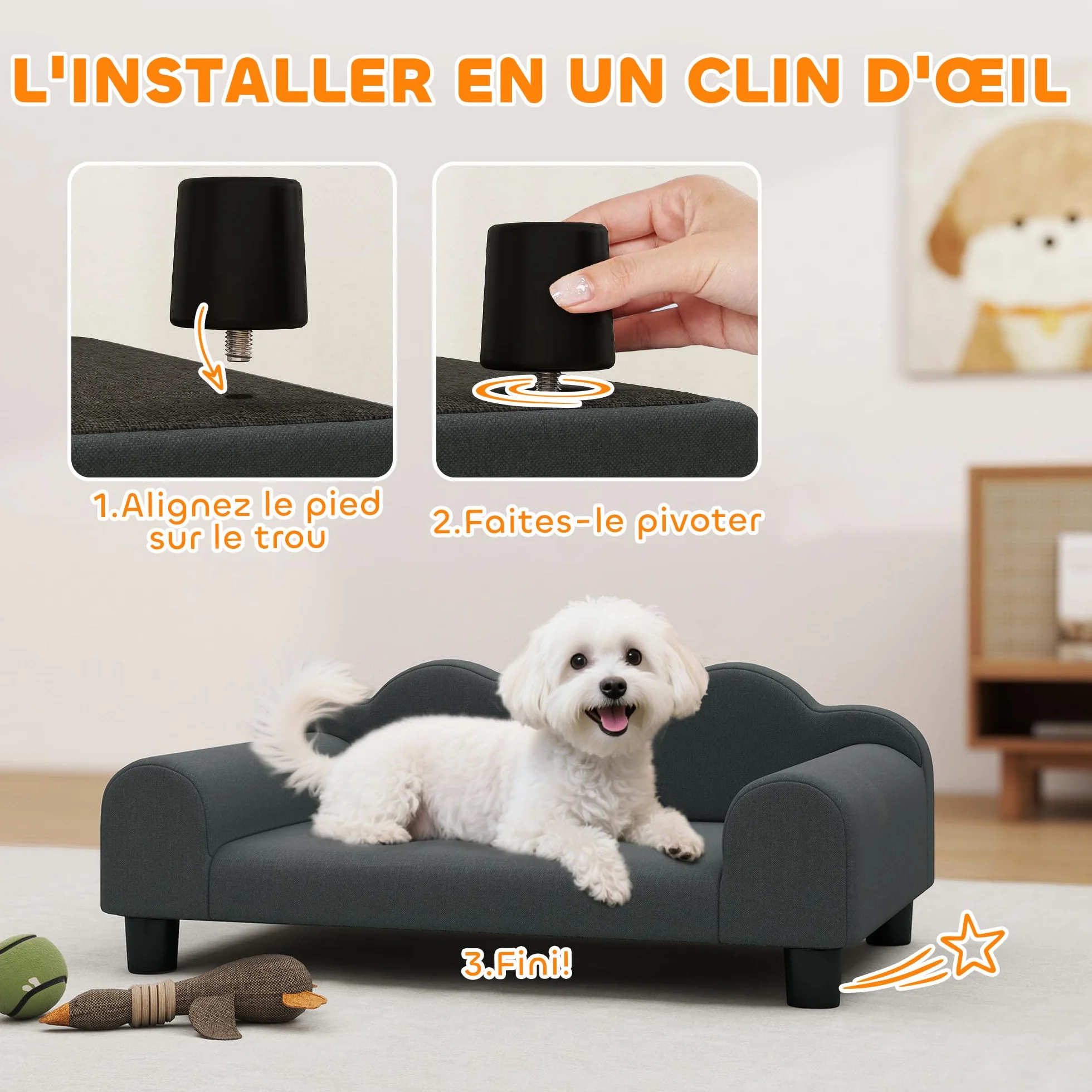 PawHut - Divano per Cani, Divano per Animali Domestici con Schienale e Braccioli, Traspirante, per Piccoli Cani da Interno, 66 x 42 x 28,5 cm, Grigio Scuro