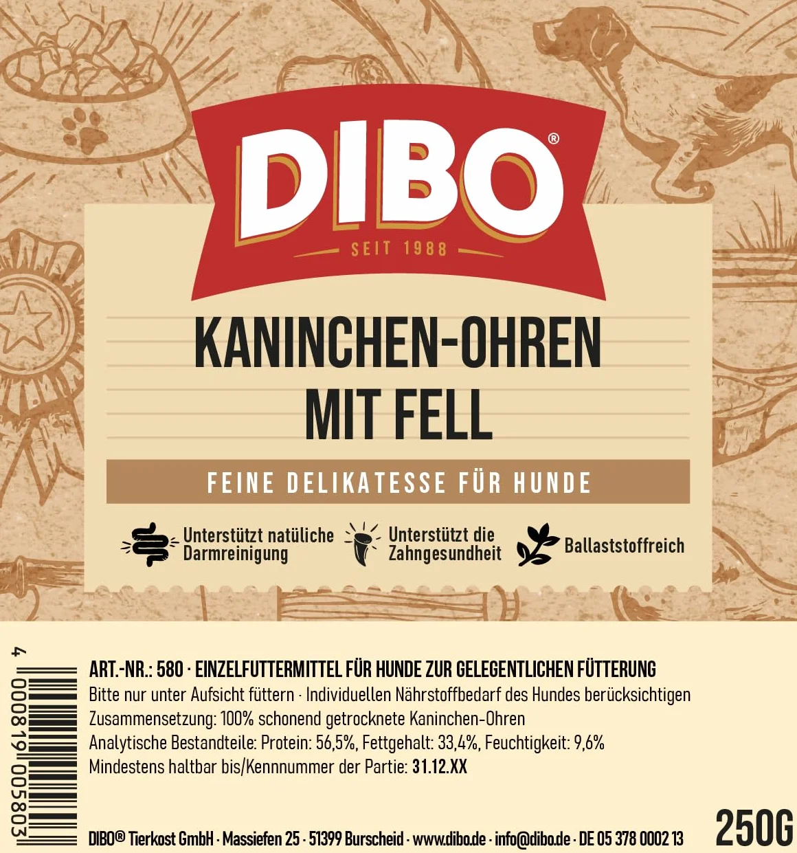 DIBO Orecchie di coniglio con pelliccia, sacchetto da 250 g, spuntino naturale essiccato al 100% per cani, pulizia naturale dell'intestino