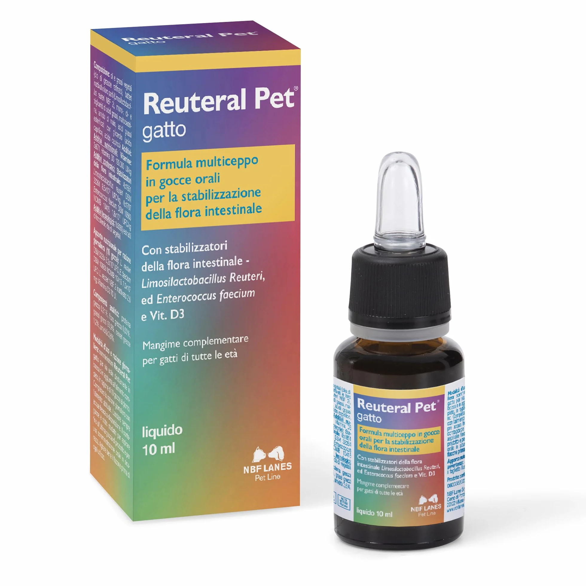 NBF Lanes | Reuteral Pet Gatto, Gocce orali, Probiotico a base di fermenti lattici vivi per la stabilizzazione della Flora intestinale nei Gatti