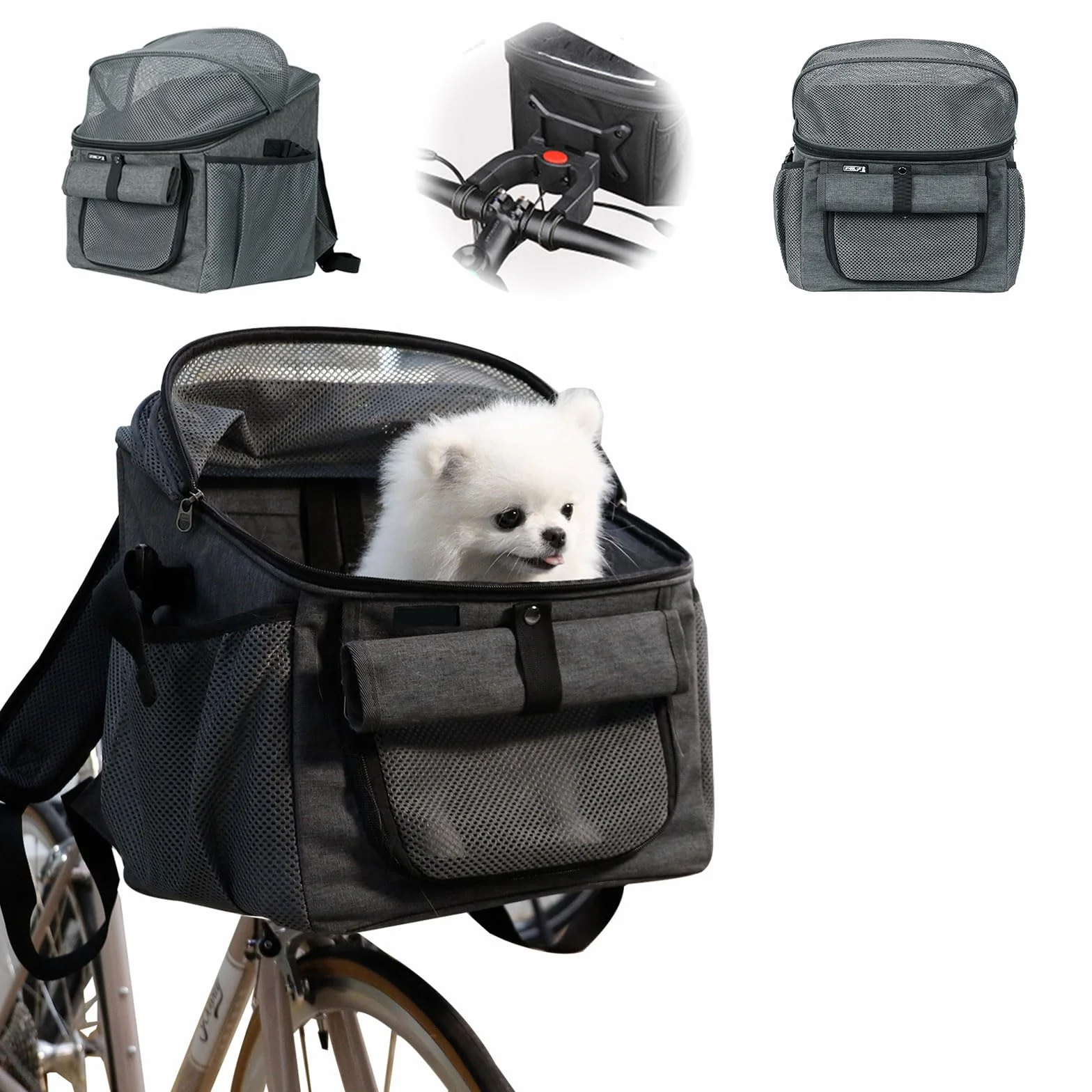 Cestino Bici per Cani,Borsa per Cani Piccola Taglia con Adattatore per Manubrio Staccabile, Rete Traspirante, Cinghie Regolabili, Trasportino Gatto per Viaggiare con Animali di Media Taglia