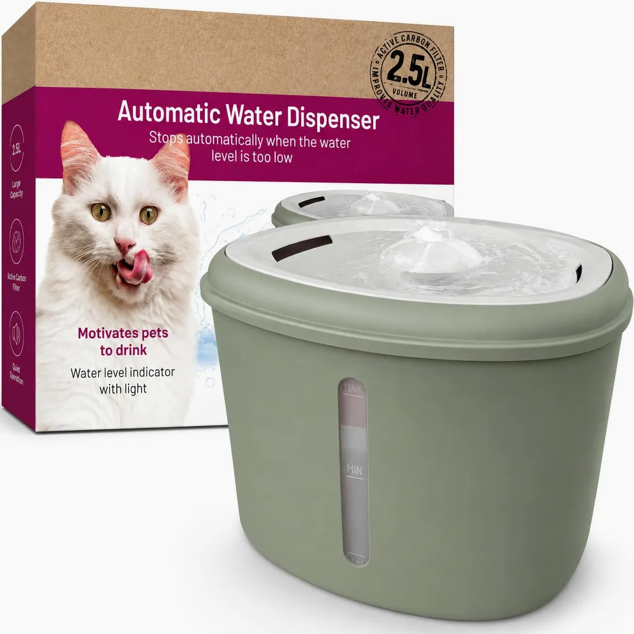 Fontana per Gatti e Cani 2,5 L con Filtro a Carbone Attivo Verde | Indicatore Livello Acqua, Funzionamento Silenzioso, 3 Filtri di Ricambio, Luce Indicatore, Dispenser Automatico