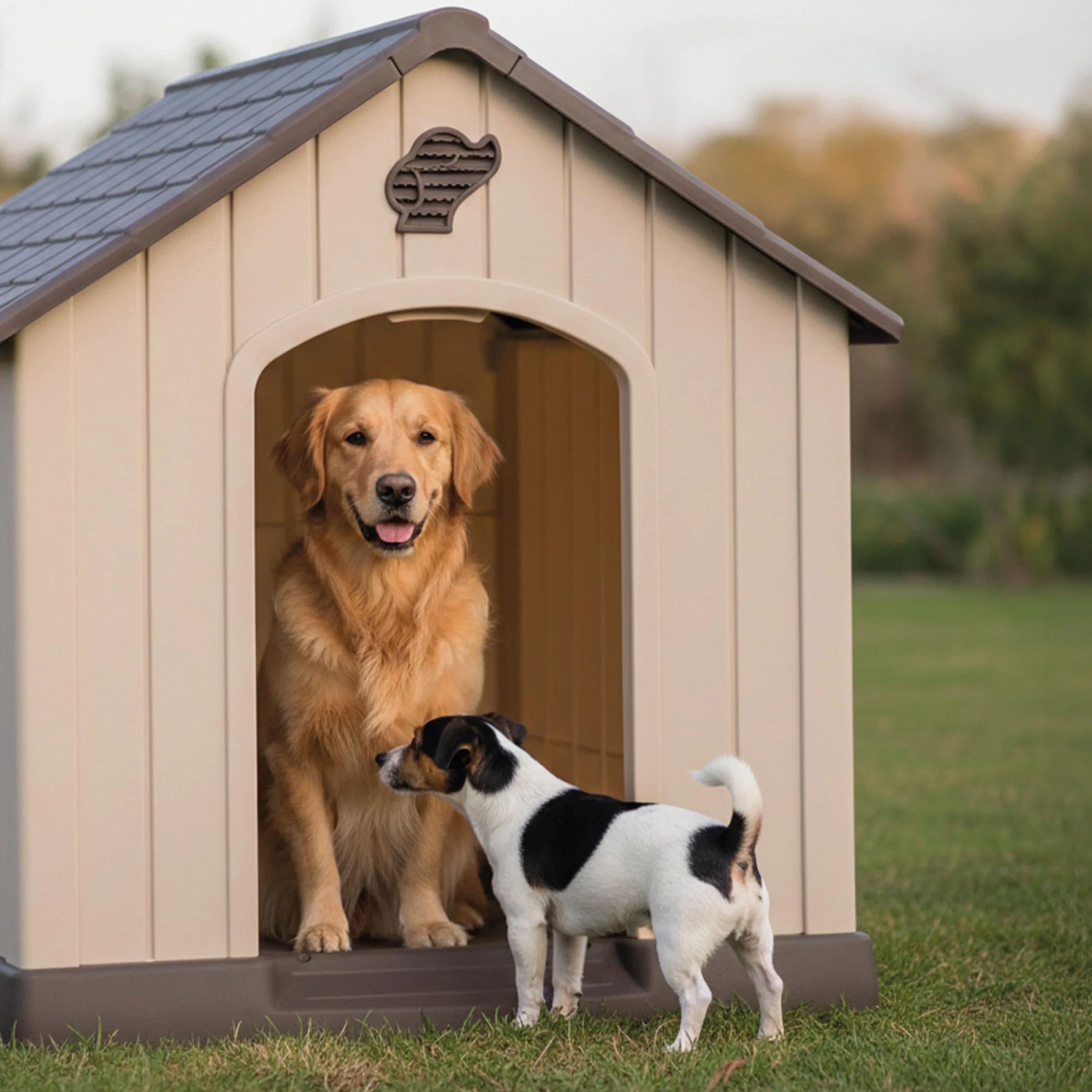 Aqpet Cuccia per Cani in Plastica Impermeabile da Esterno e Interno – Casetta con Pavimento Rialzato e Sistema di Ventilazione – Rifugio Resistente per Cani di taglia Grande 93x99x98hcm