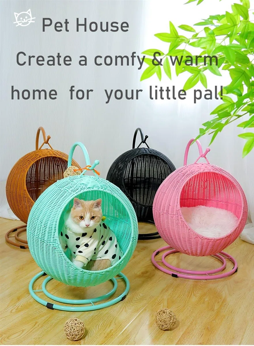 Cuccia per Gatti In Vimini Per Interni ed Esterni, Altalena per Gatti per Animali Domestici Nido per Gatti Rialzato Comodo e Traspirante, Facile da Montare, Cuscino Rimovibile e Lavabile (Col