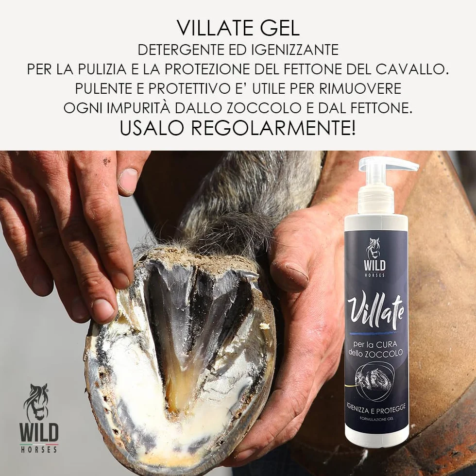 Wild Horses | Villate Gel, Lozione Detergente ed Igenizzante per la Pulizia e la Protezione del Fettone, Prodotto Pulente e Protettivo, Rimuove Impurità dallo Zoccolo, 250ml