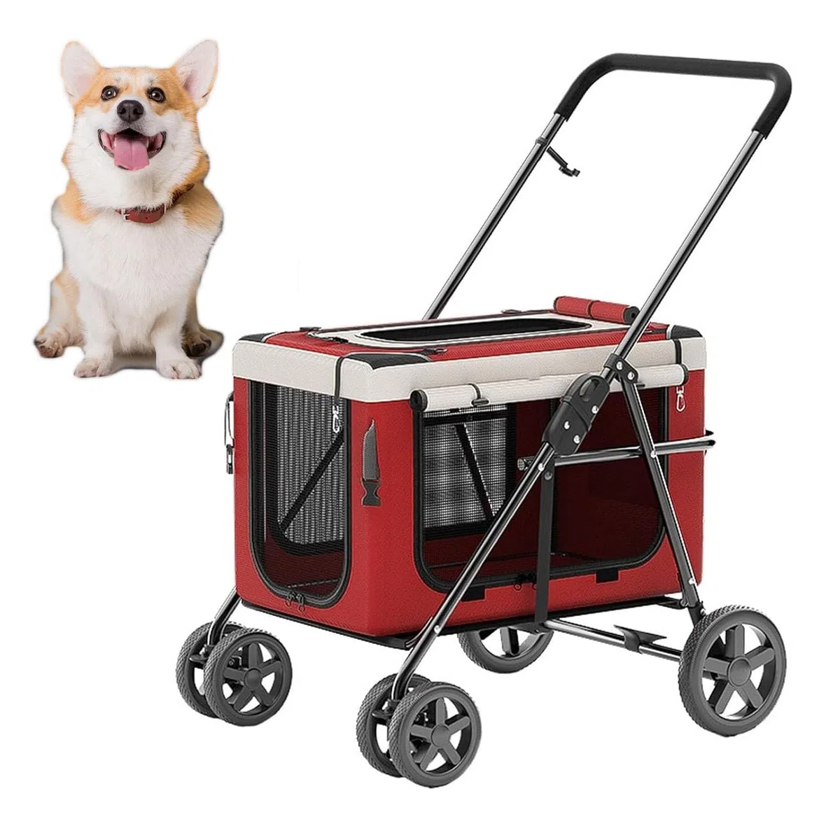 Passeggino da Jogging con Gabbia per Cani, Passeggino per Animali Domestici con trasportino Rimovibile e finestre in Rete, Passeggino Pieghevole per Cani,Rosso