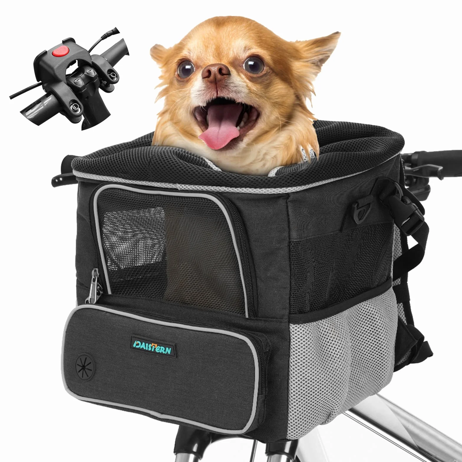 Cestino per Bicicletta per Cani fino a 4KG con Supporto Φ53mm, Zaino Multifunzione, Borsa a Tracolla e Seggiolino Auto con Finestre in Rete, Cuscino Impermeabile per Cuccioli