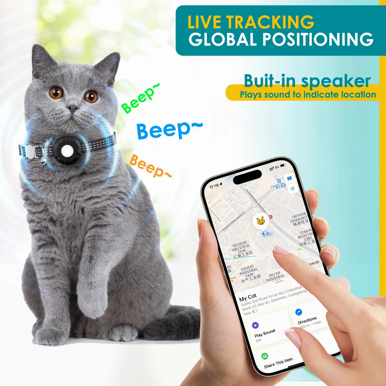 Localizzatore per gatti, senza canone mensile, impermeabile, compatibile con app Apple Find My (solo iOS), nero