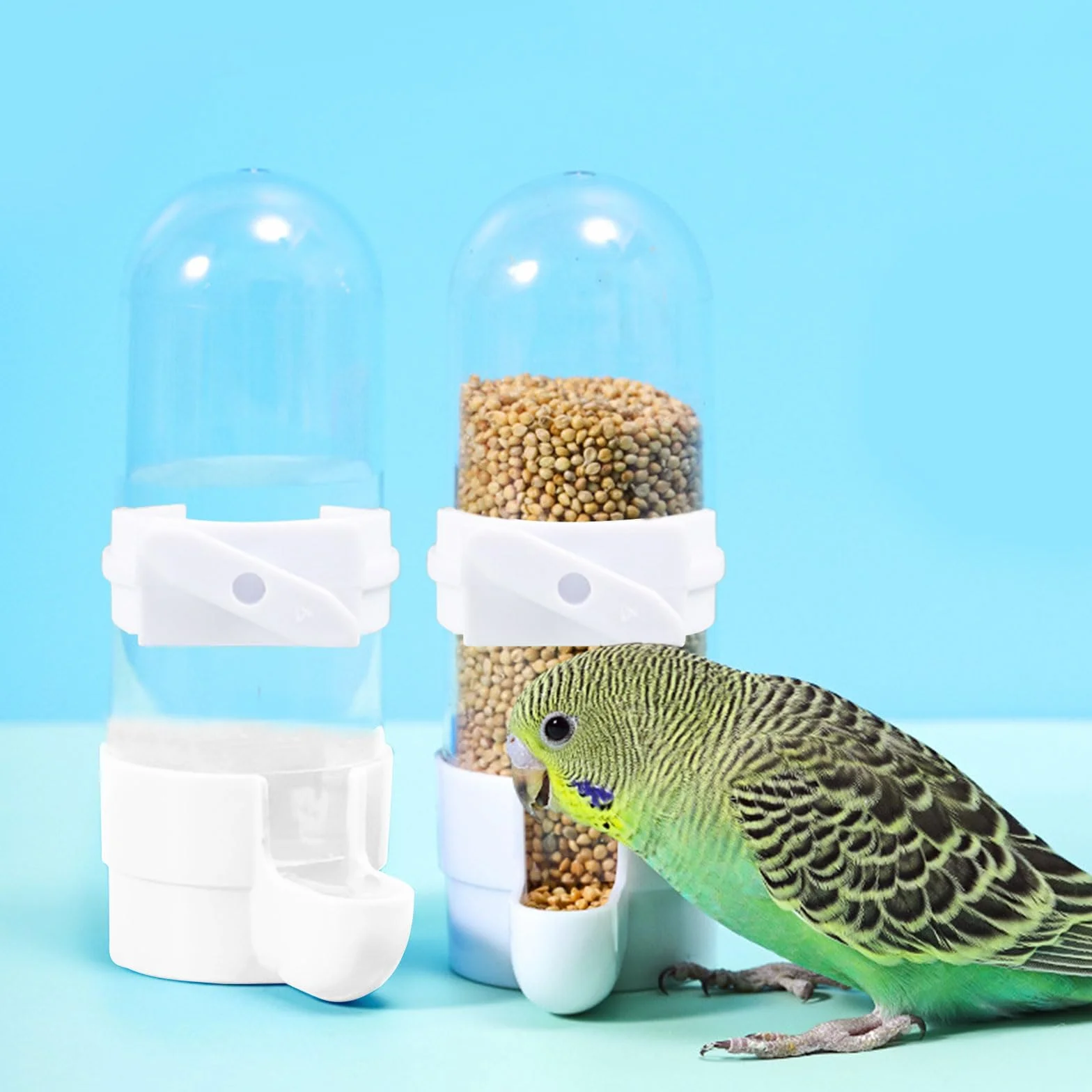 Dosatore d'acqua per uccelli, 2 bottiglie automatiche da 90 ml, per gabbia, pappagalli, in plastica, per pappagalli, accessori per pappagalli, per pappagalli, ecc