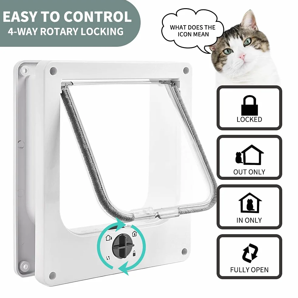 Porta per Gatti Grande, Gattaiola con a 4 Vie con Magneti per Gatti, Portina Gatto Facile da Installare, Porta Basculante per Animali Manuale for Parete/Legno/UPVC (Bianco,L)