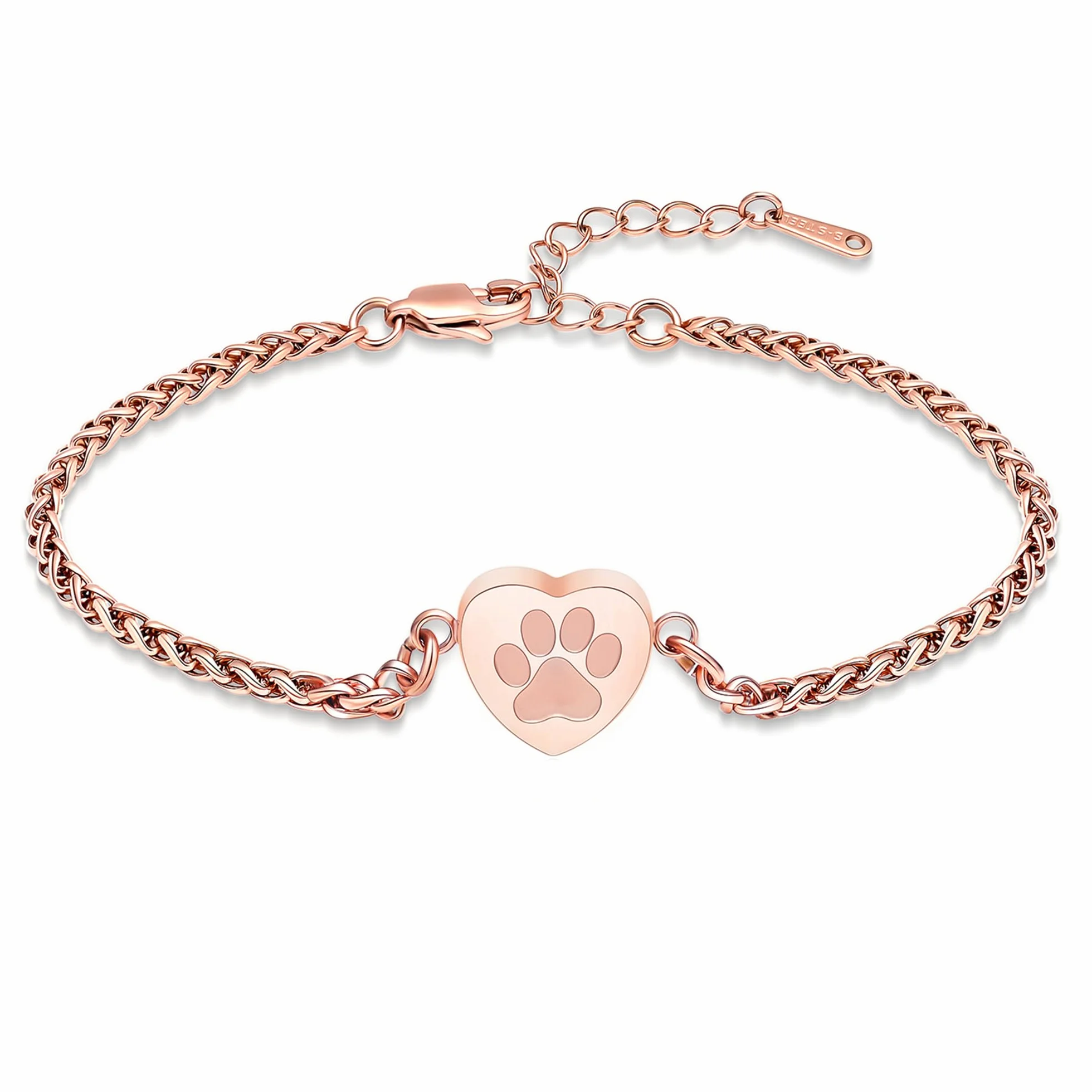 Bracciale con urna a forma di cuore per animali domestici in acciaio inox Paw Print