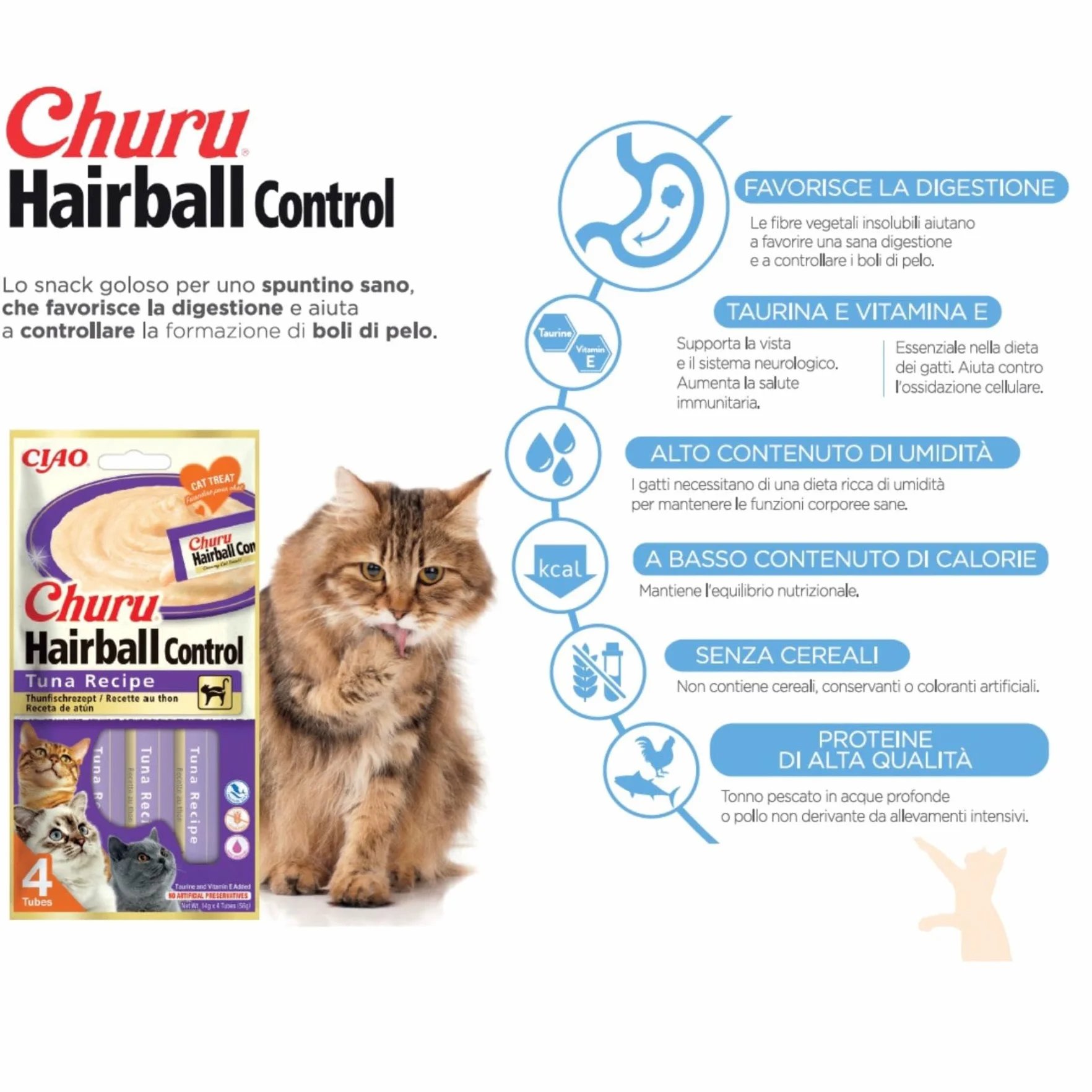 INABA Churu Hairball Snack Gatti Gusto Tonno, 4 Stick x 14g, Cibo per Gatti con Omega 3 e 6, Taurina e Vitamina E