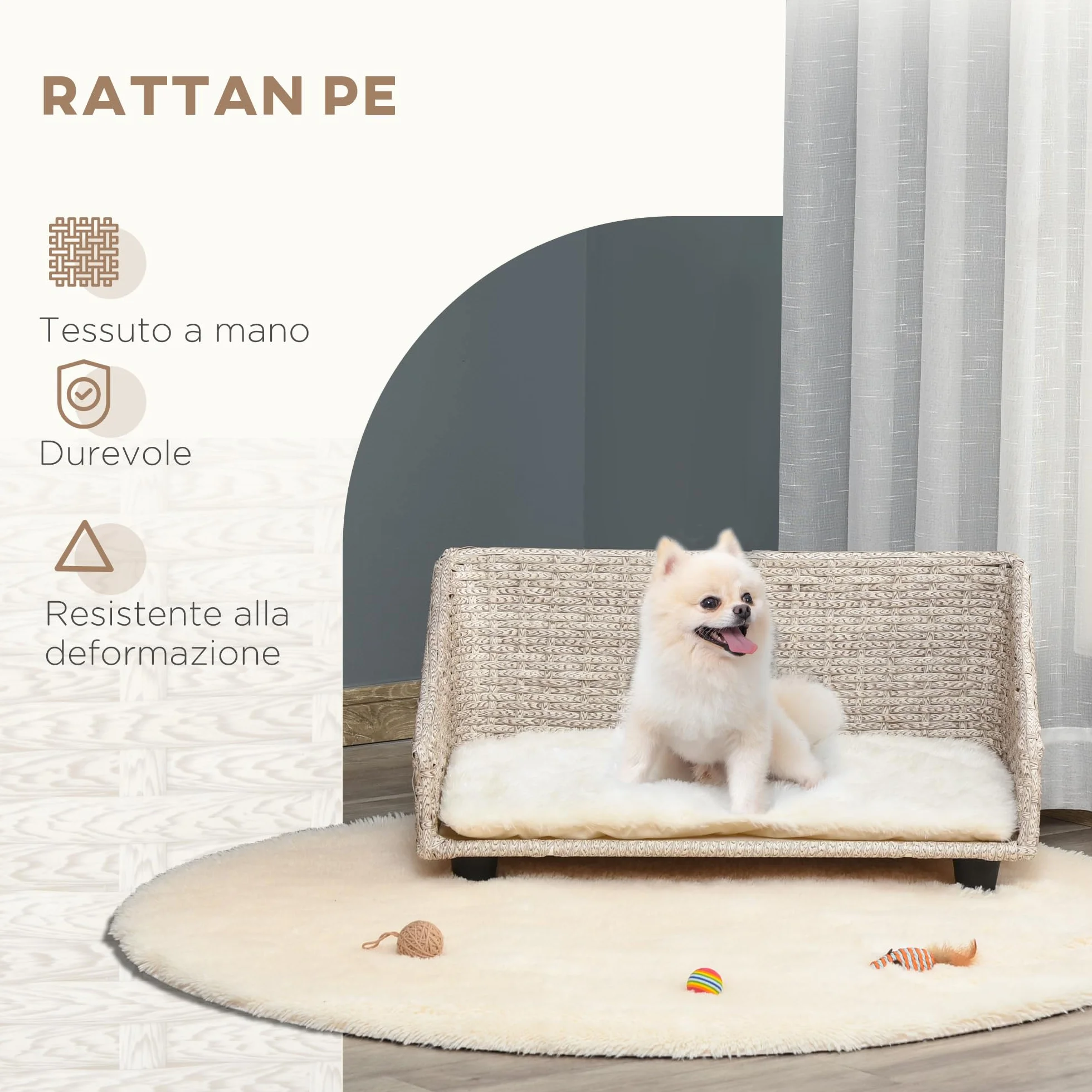 PawHut Cuccia per Cani e Gatti Rialzata in Rattan con Cuscino Lavabile Bianco, Lettino per Animali da Interno, 70.5x40x37.5cm, Beige